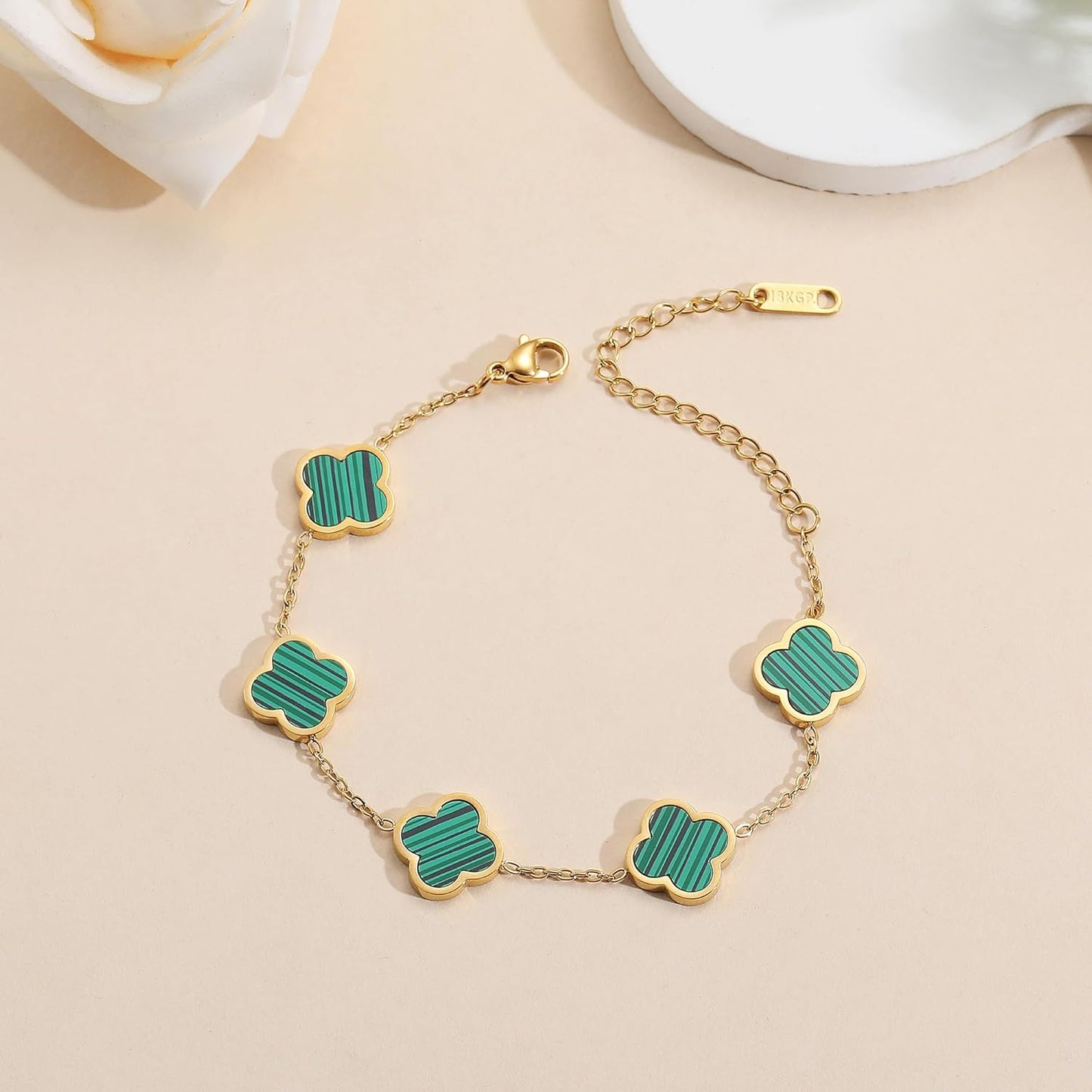 18K Gold Plated Clover Lucky Bracelet for Women White/Black/Red/Green Flower Four Leaf Link Bracelets