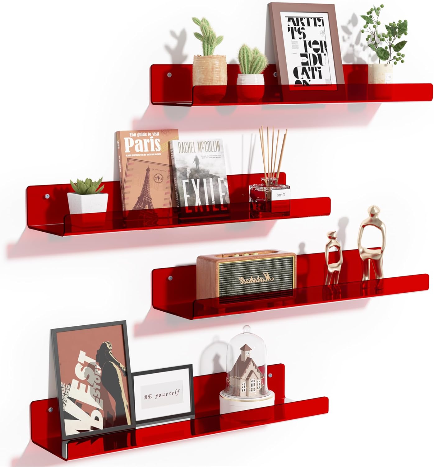 Acrylic Shelves for Bathroom Storage, 15" Floating Shelves Wall Organizer, 4 Pack