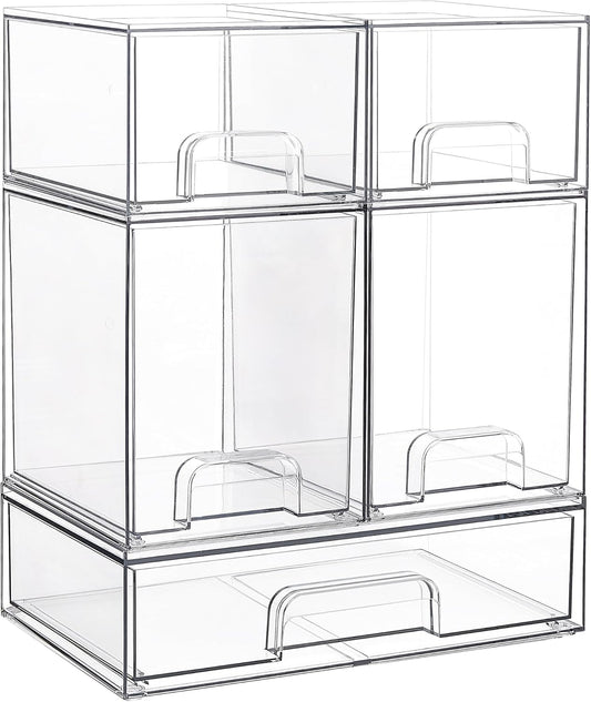 Stackable Storage Drawers Set of 5, Clear Plastic Organizer Bins for  Bottle, Supplies Storage