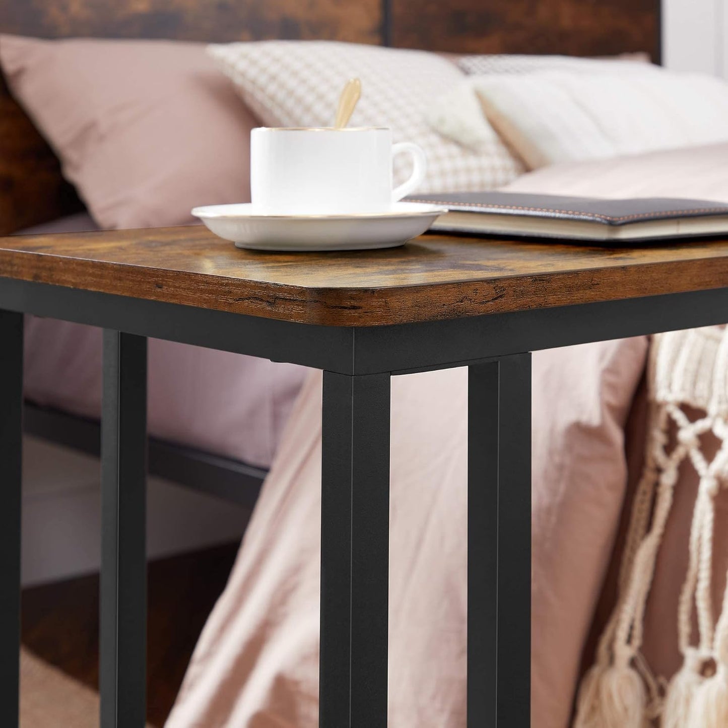 C Shaped TV Tray with Metal Frame Rolling Casters, Industrial Side Table for Living Room Bedroom