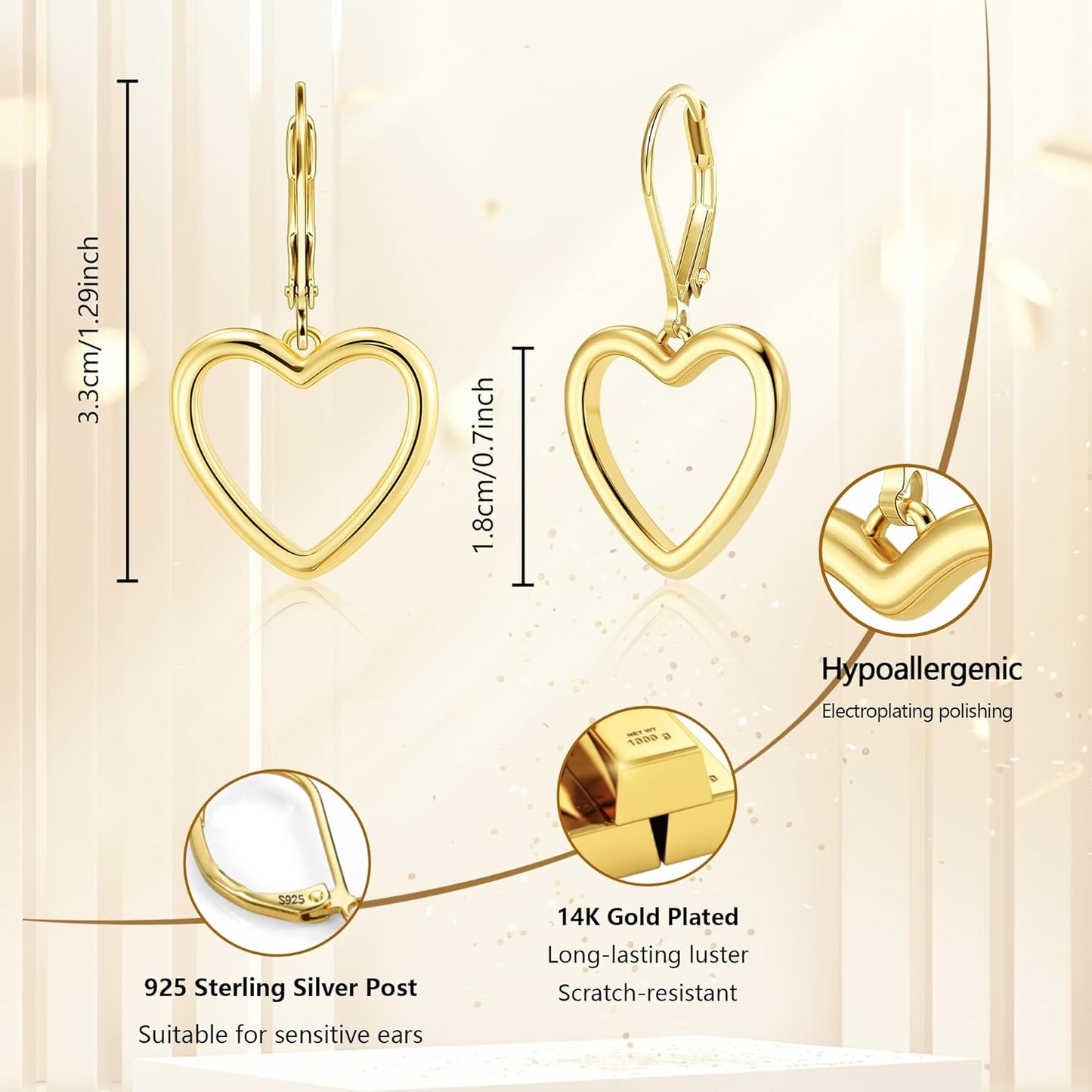 Sterling Silver Heart Earrings for Women 14K Gold Plated Openwork Love Heart Dangle Earrings Drop Leverback Huggie Hoop