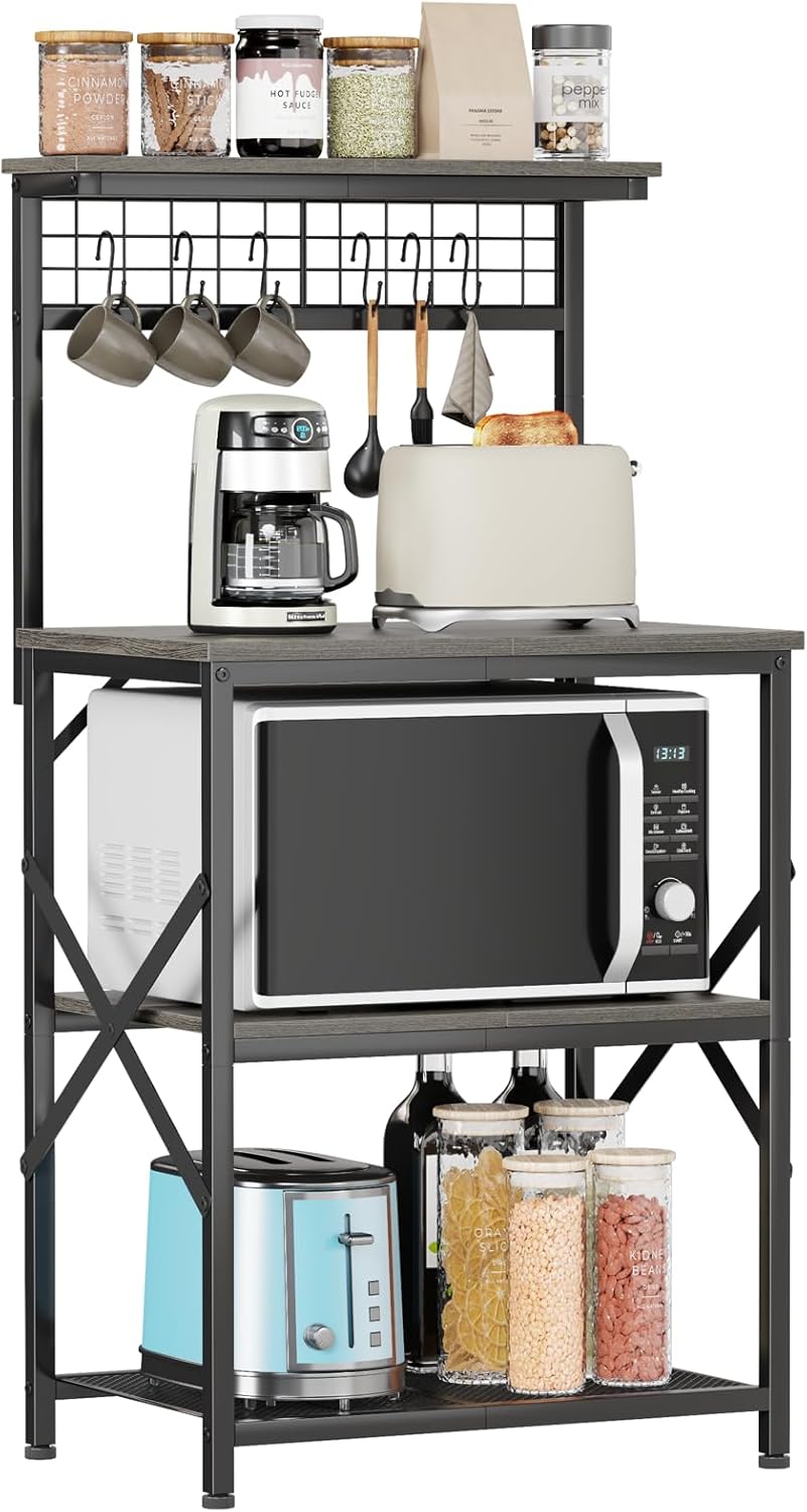 Bakers Rack, Microwave Stand with Storage 4 Tiers, Coffee Bar Station with 6 S Hooks and Pegboard