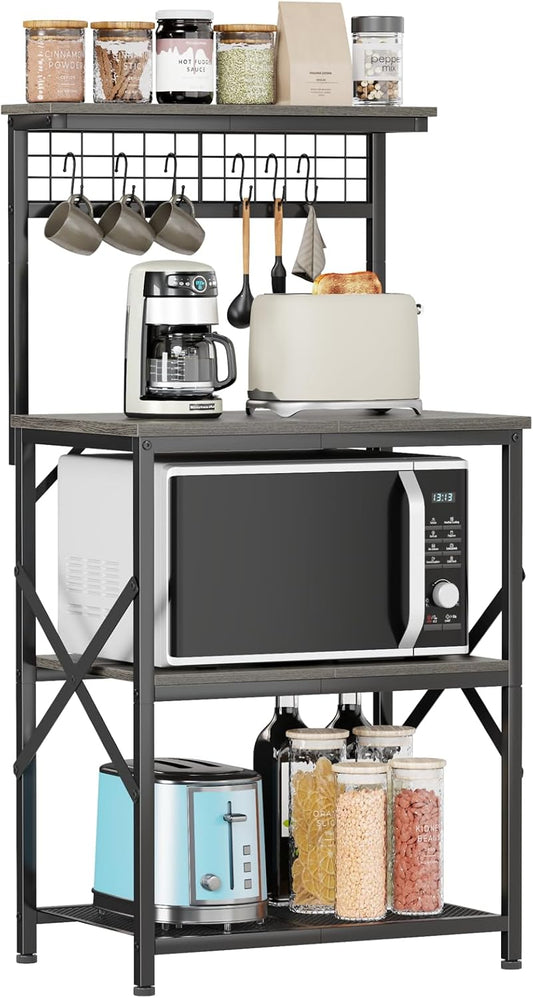 Bakers Rack, Microwave Stand with Storage 4 Tiers, Coffee Bar Station with 6 S Hooks and Pegboard