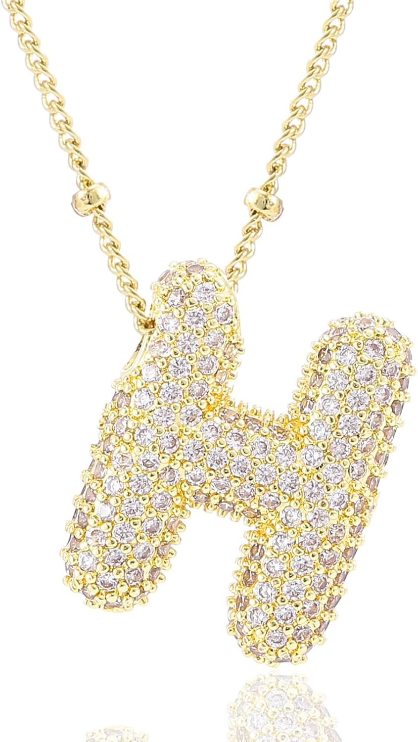 Personalized Chunky Initial Necklace: 14K Gold Plated Bubble Balloon Charm Pendant for Women