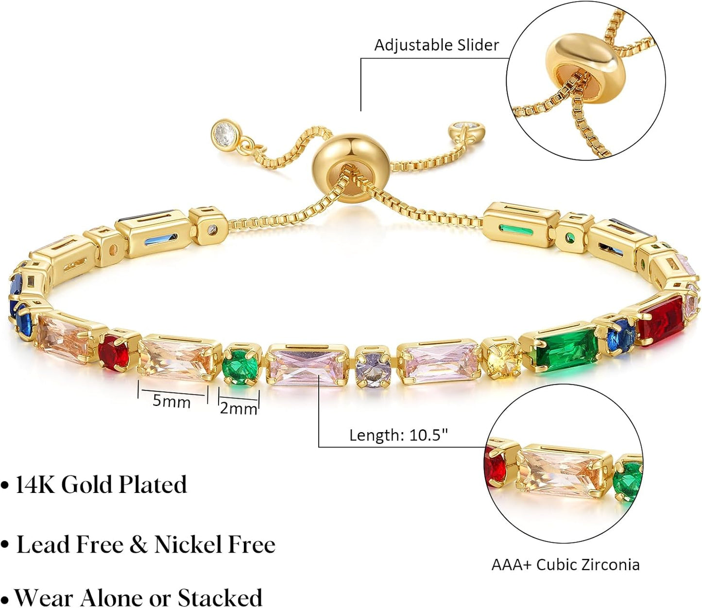 Tennis Bracelet for Women, 14K Gold Plated Cubic Zirconia Adjustable Slider Bracelets Trendy Jewelry Gift