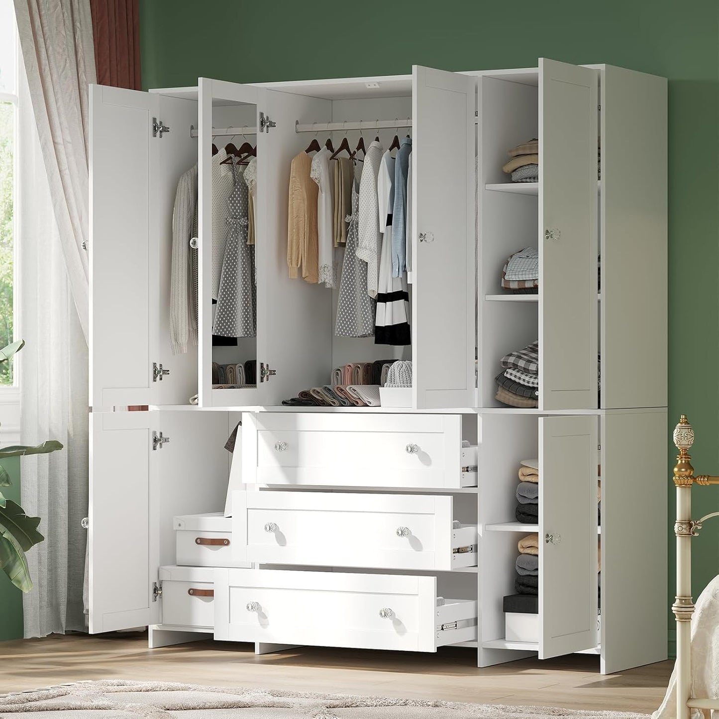 Armoire Wardrobe Closet with Drawers and Mirror, 71" Clothing Storage Cabinet with Hanging Rod, 6 Doors Wooden Wardrobe Cabinet for Bedroom, Large Capacity Storage