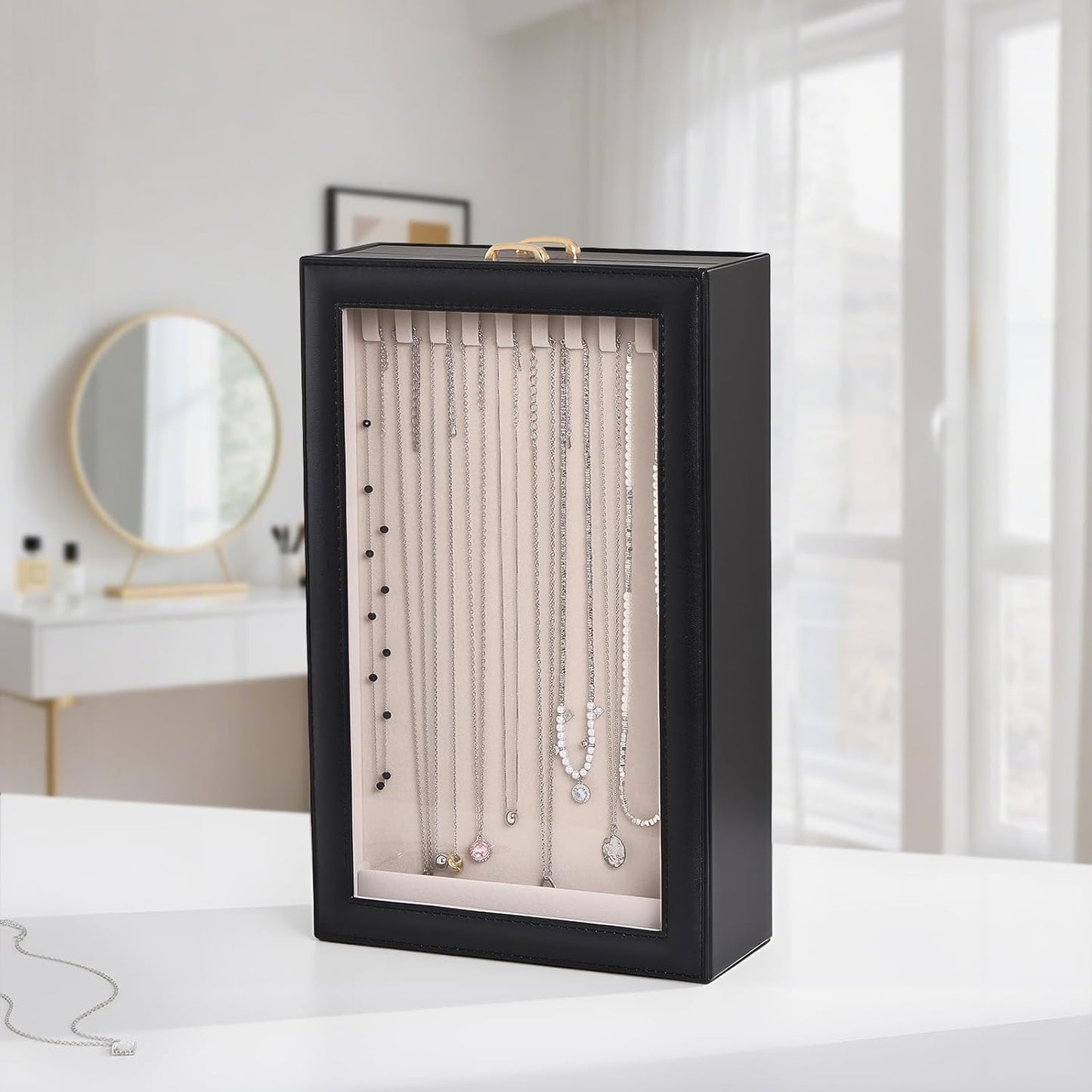 Necklace Organizer Box, 2-Layer Jewelry Storage Boxes with Clear Lid, Tangle-Necklace Display Case