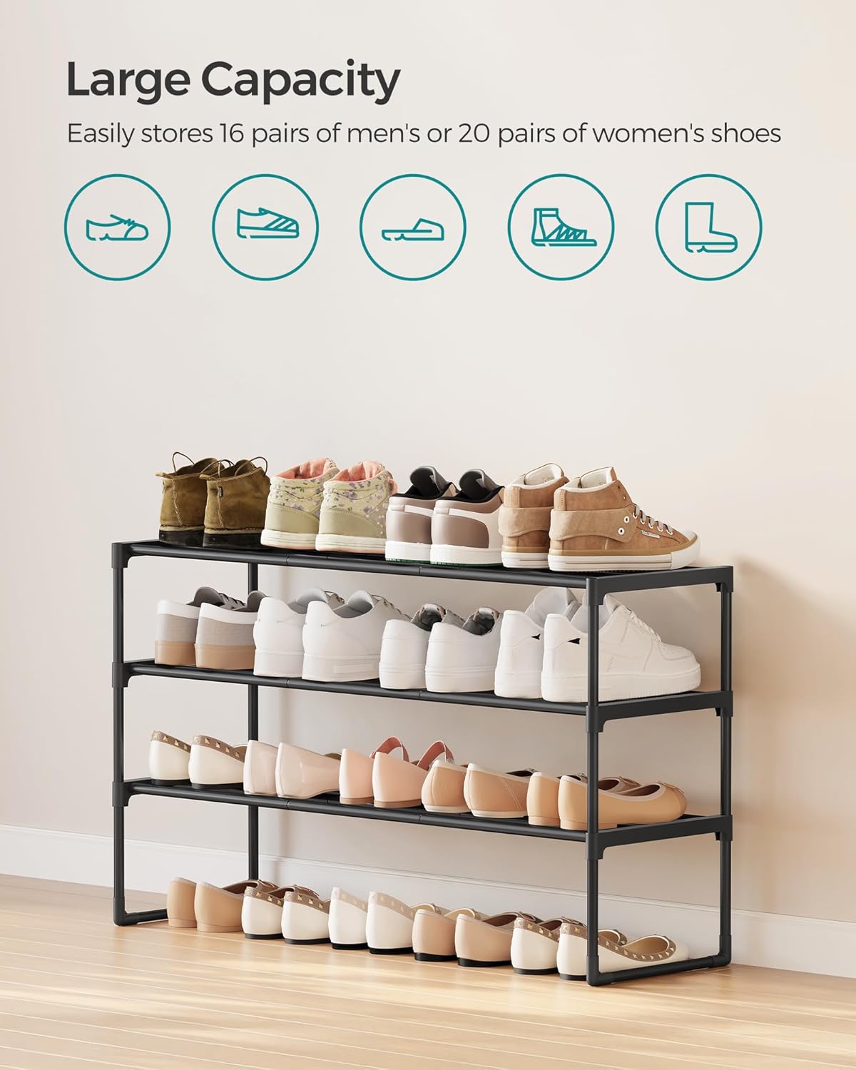 3-Tier Shoe Organizer, Metal Storage Shelf, for 16-20 Pairs, Stackable, for Entryway