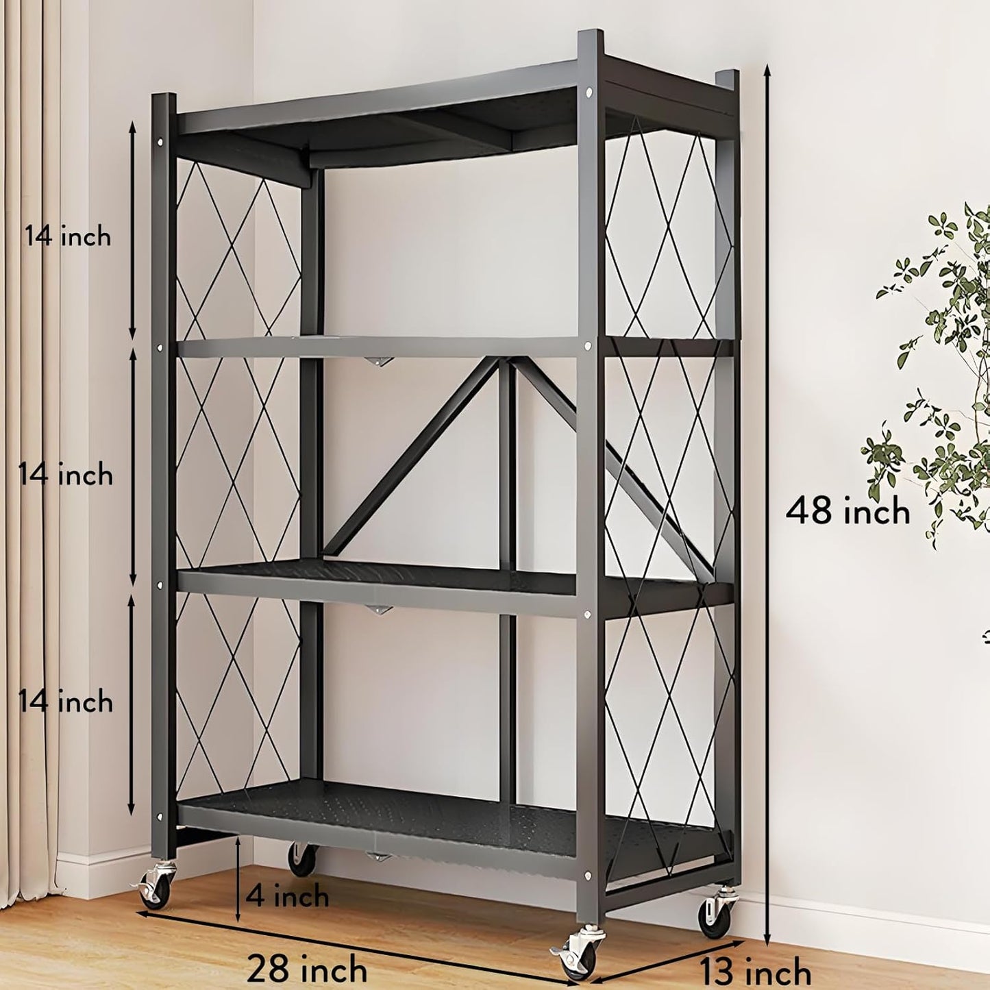 4-Tire Storage Shelves Organizer, Foldable Metal Garage Shelving, Stand on Wheels