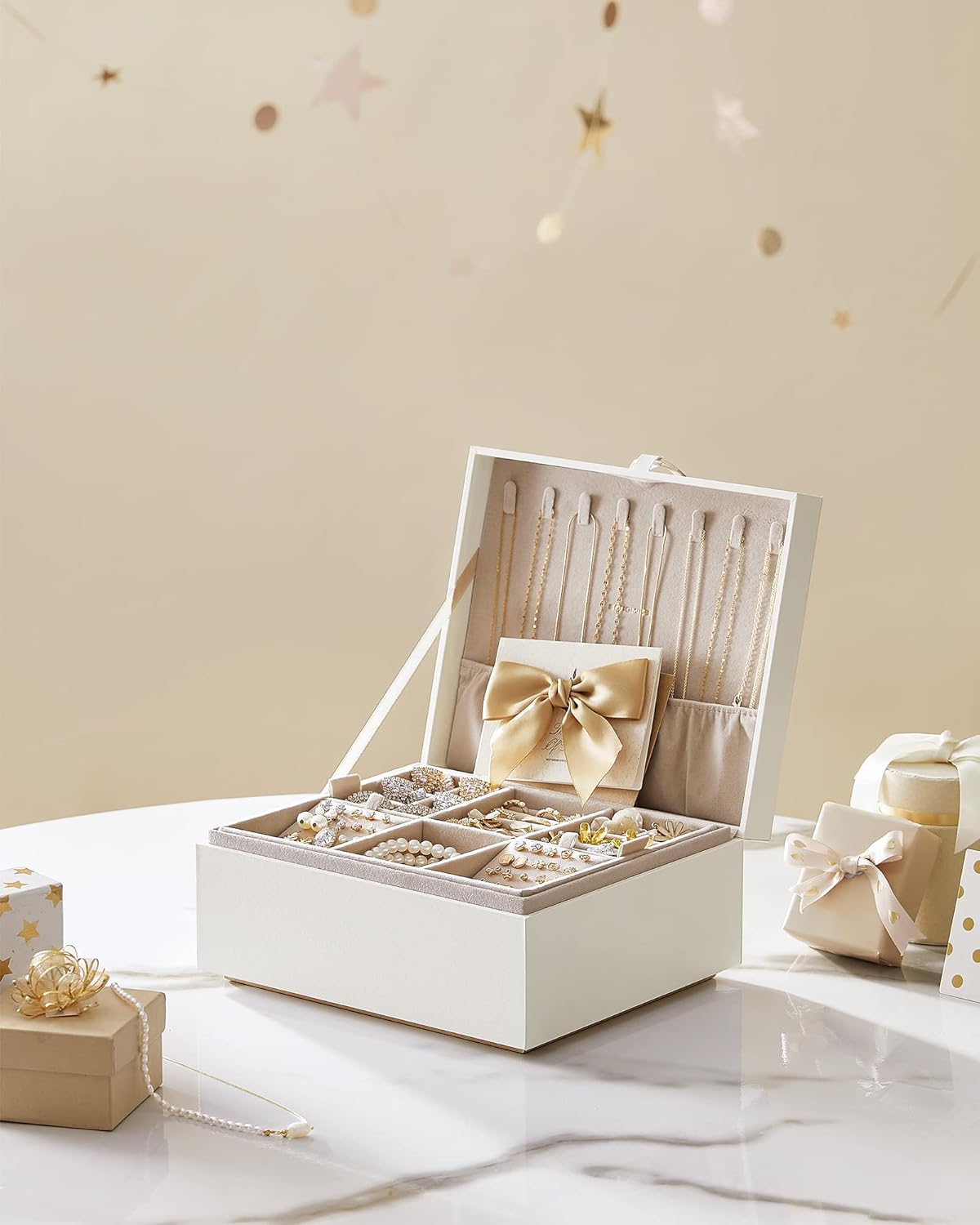 2-Layer Jewelry Box, Jewelry Organizer with Handle, Removable Jewelry Tray, Jewelry Storage, Floating Effect, White