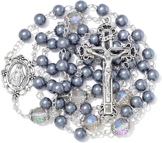 6mm Pearl Rosary Beads With Crucifix - Women's Catholic Prayer Necklace, Gift Box & Pouch Included