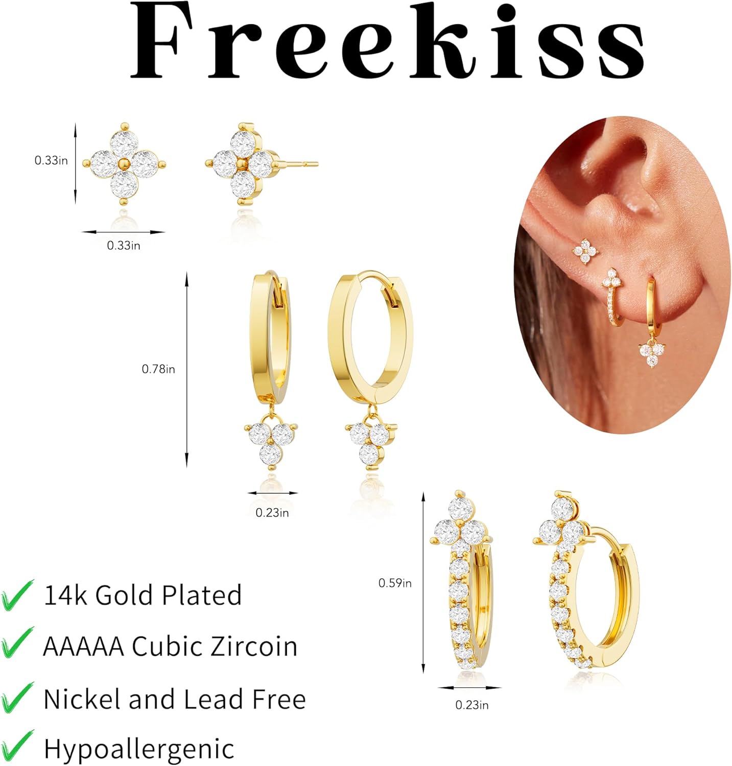 Freekiss 3 Pairs Gold Hoop Earrings Set: Dainty Stud Earrings Trendy Small 14K Gold Plated Hypoallergenic Dangle Cartilage