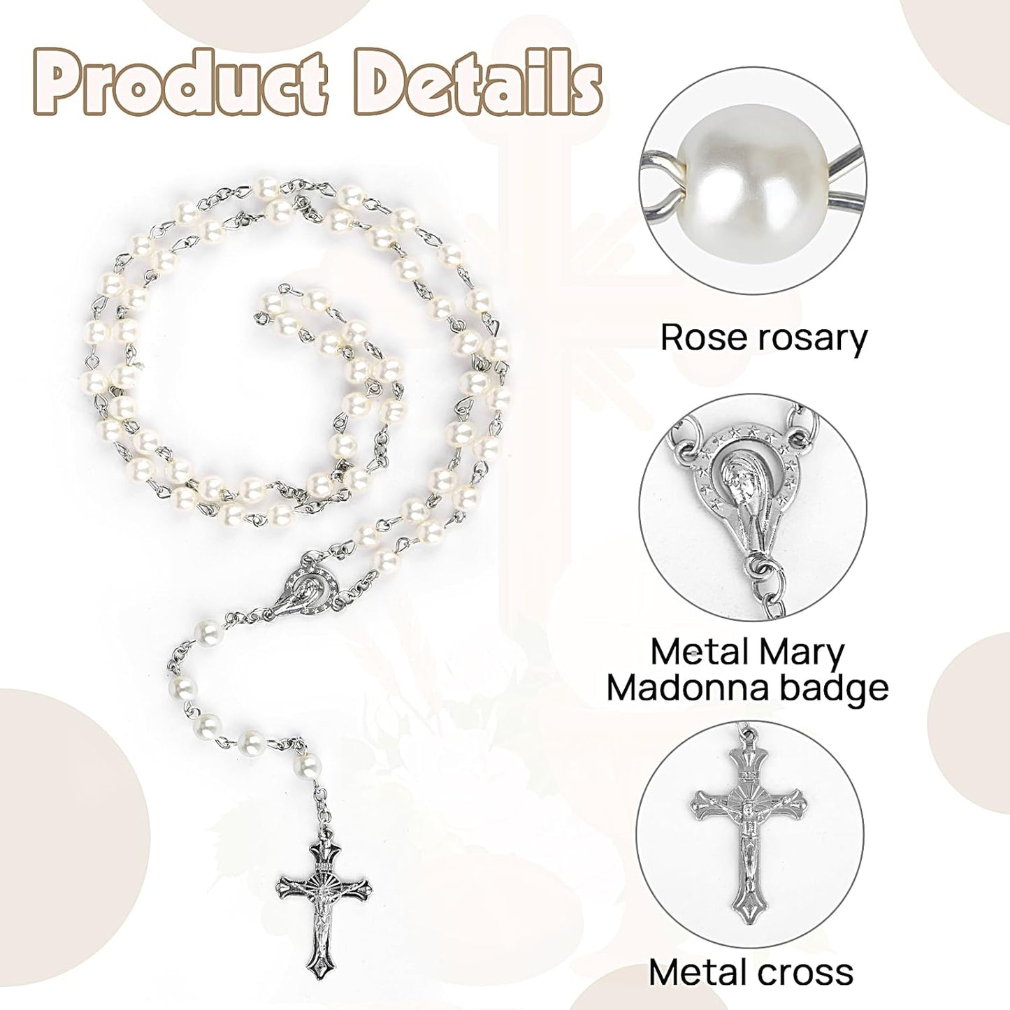 Catholic Sacramental Rosary | Virgin Mary & Crucifix Necklace - Confirmation Gift for Women w/ Silver Metal Gift Box (White)