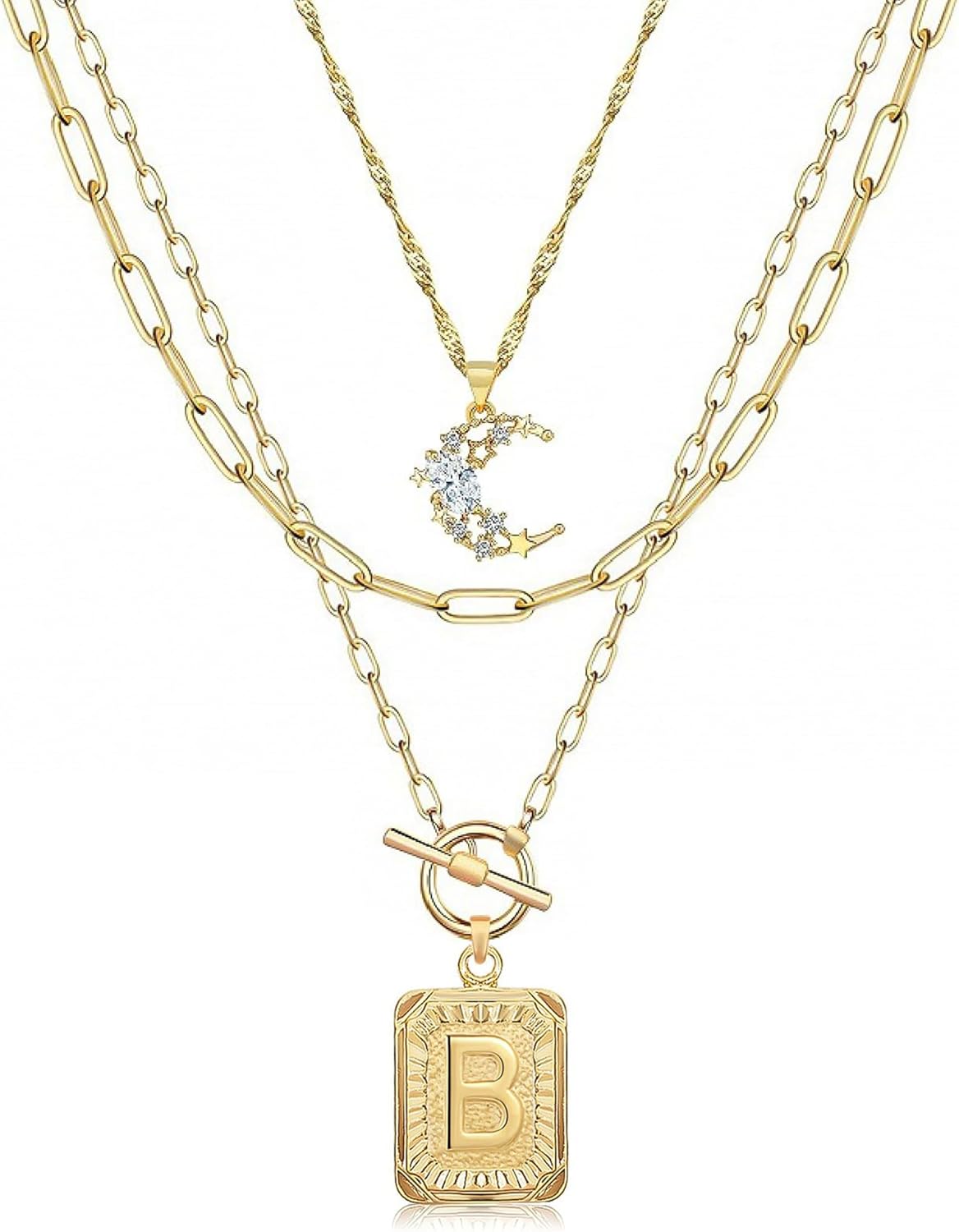 Custom Initial Moon Necklace Set - 14K Gold Plated Layered Letter Choker Gift for Her