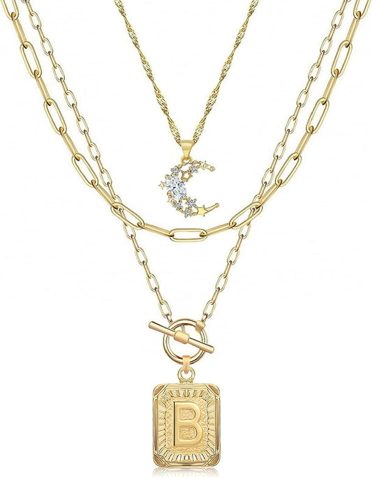 Custom Initial Moon Necklace Set - 14K Gold Plated Layered Letter Choker Gift for Her