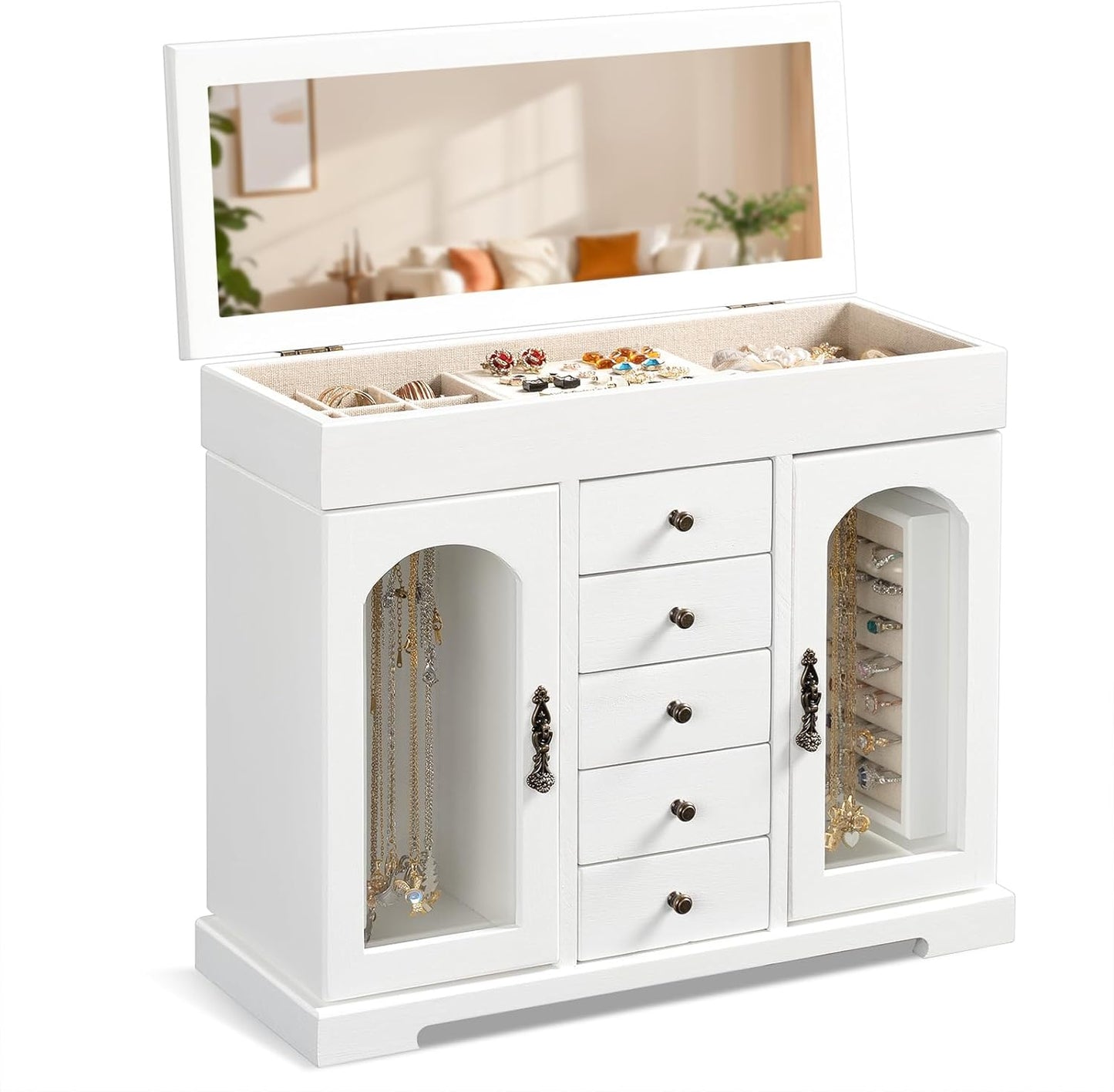 5 Layer Jewelry Storage Case Display, Rustic Wooden Jewelry Organizer Box with Mirror