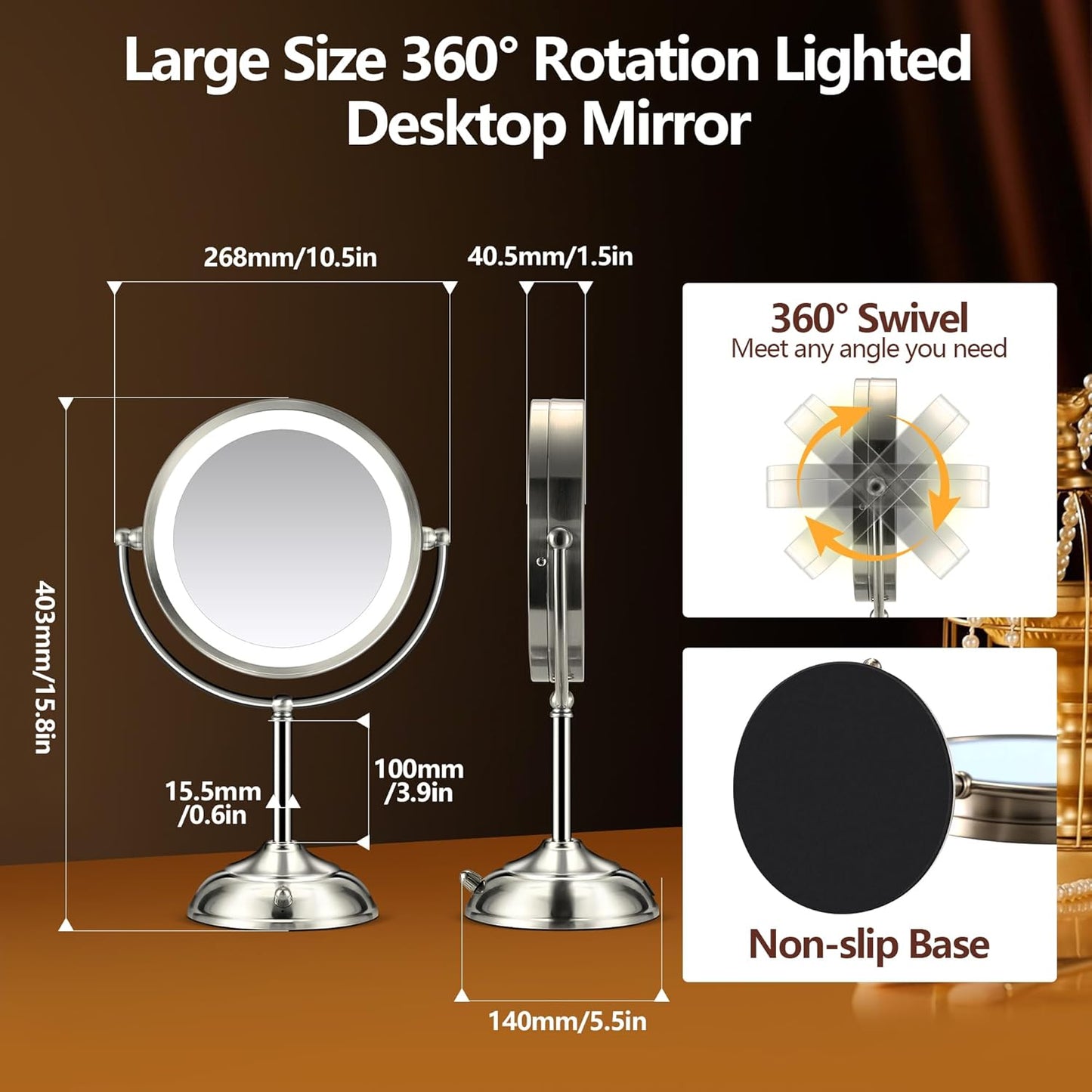 20x Large Lighted Makeup Mirror, Rechargeable 9" Magnifying Makeup Mirror,360° Rotation Cosmetic Mirror