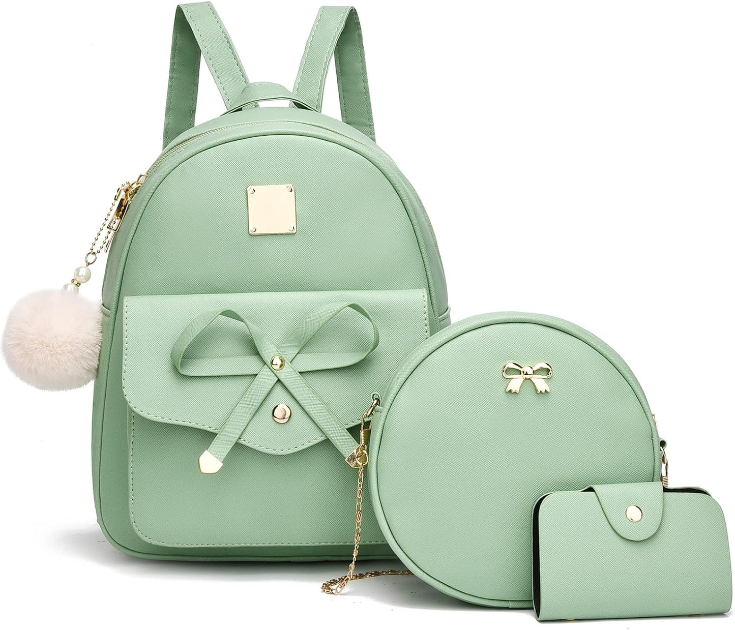 3-Pieces Girls Bowknot Fahsion Leather Backpack Backpack Purse for Women Rucksack