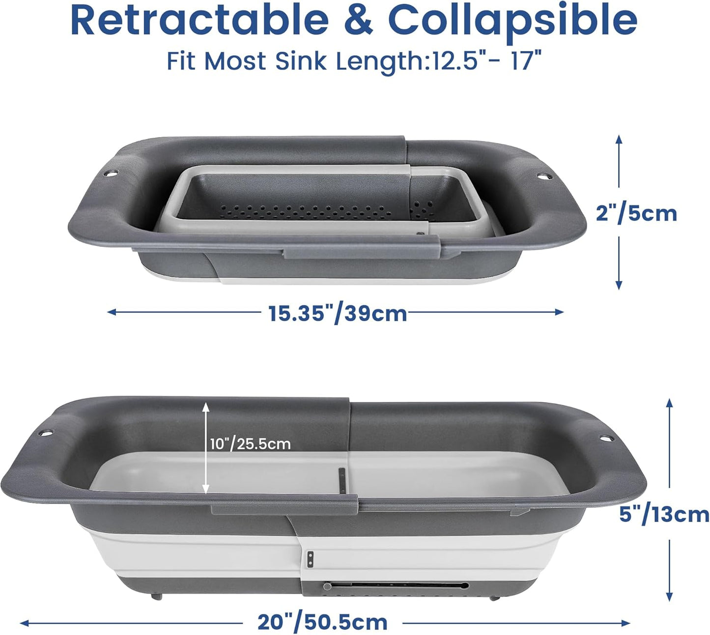 Collapsible Colander Strainer, Expandable Over the Sink Colander for Kitchen, Adjustable Silicone Sink Strainer