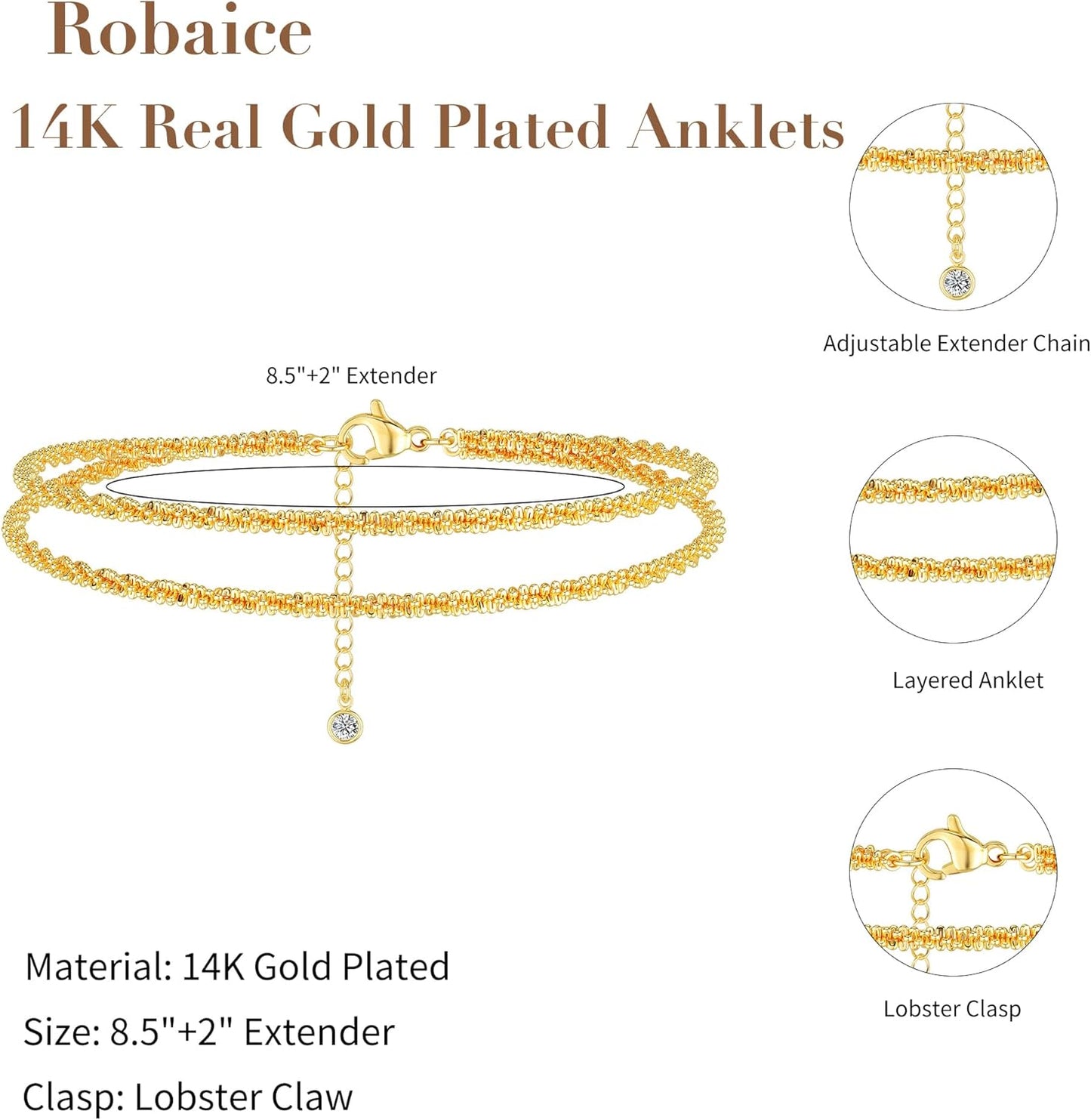 Ankle Bracelets for Women, Glitter Waterproof Adjustable Anklet for Women, 14K Gold Plated/Sterling Silver Layered Anklets, Summer Beach Anklet Jewelry for Women Gift