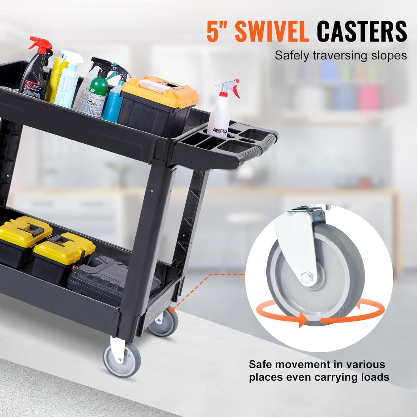 Utility Service Cart, 2 Shelf  Duty Plastic Rolling Utility Cart, Medium Lipped Shelf, 360° Swivel Wheels