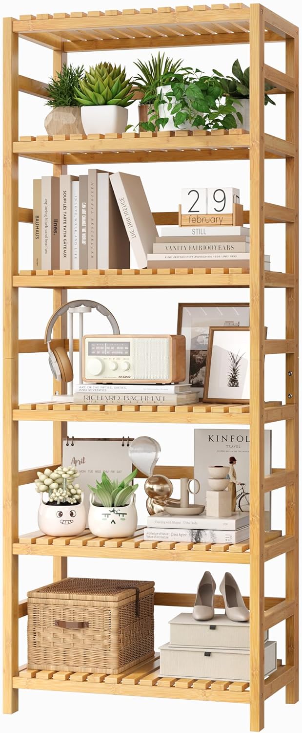 6-Tier Bamboo Shelf, Bamboo Bookcase with Adjustable Shelves, Free Standing Storage Shelf Unit