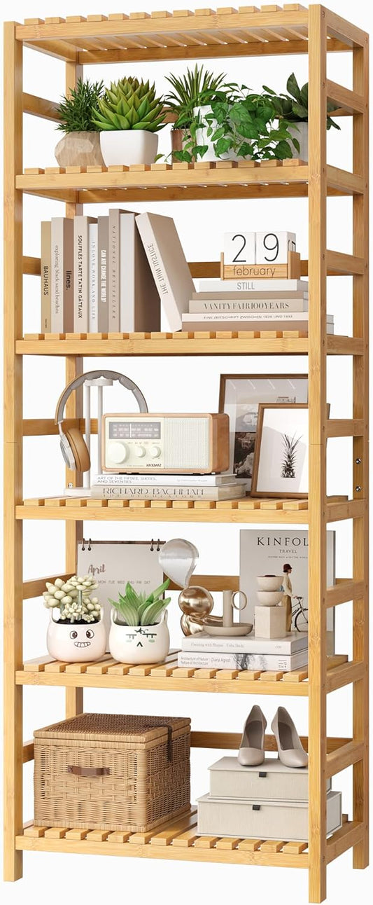 6-Tier Bamboo Shelf, Bamboo Bookcase with Adjustable Shelves, Free Standing Storage Shelf Unit
