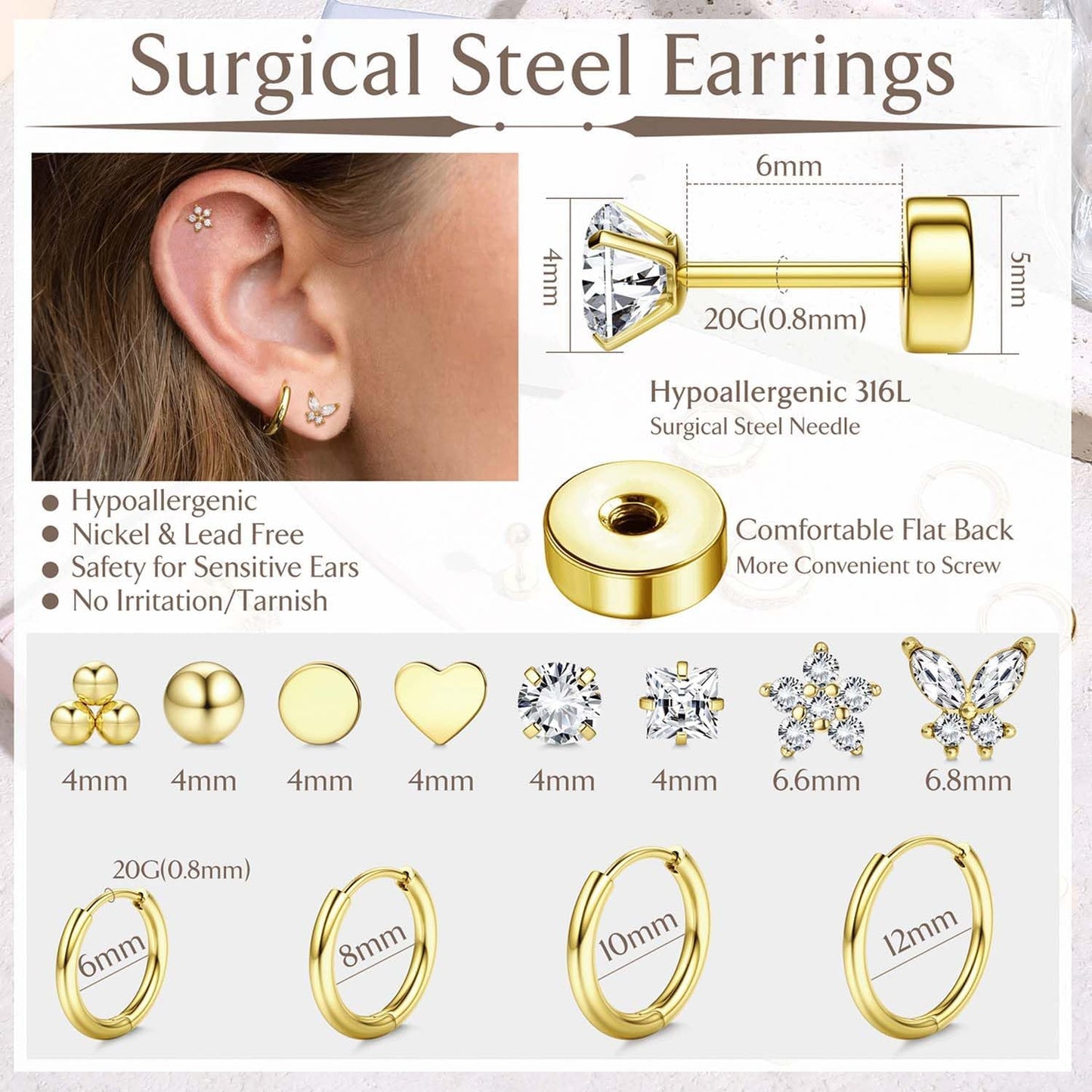 Jstyle Surgical Steel Earrings for Sensitive Ears 14K Gold Flat Back Earrings for Women Men Small Stainless Steel Earrings