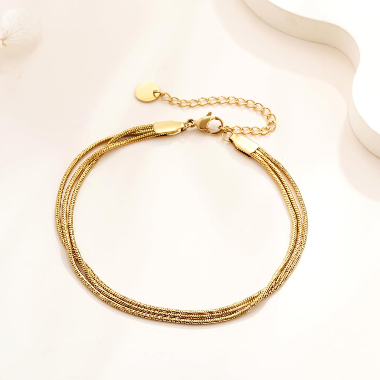 Gold Bracelets for Women Trendy, 14K Real Gold Plated Dainty Stackable Pearl Snake Chain CZ Heart Pendant Bracelets Adjustable 6"+2"