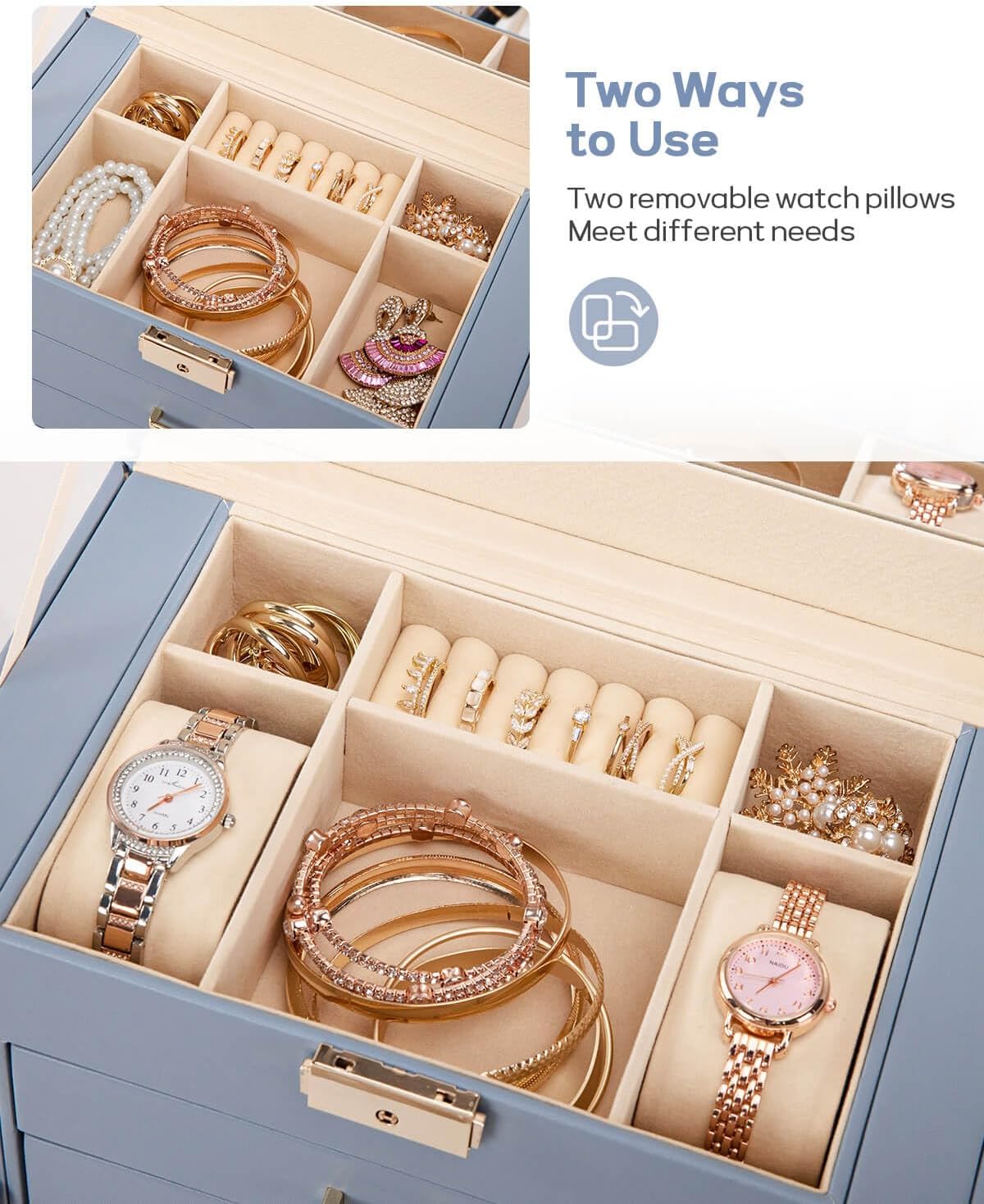 Synthetic Leather Huge Jewelry Box Mirrored Watch Organizer Necklace Ring Earring Storage Lockable