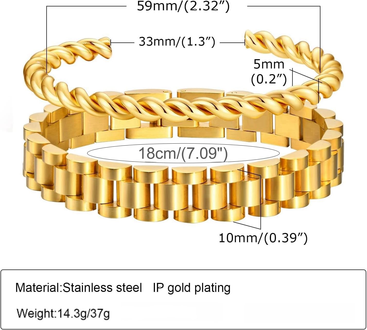 2pcs Gold Chain Link Bracelet, Stainless Steel Crystal Friendship Bracelets Bangle,Watch Band Chains Wristband