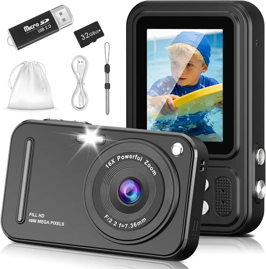 OMOMMD Digital Camera for Kids, 48MP FHD 1080P Point and Shoot Digital Cameras with 16X Zoom Anti-Shake, Compact Portable Cameras for Photography, for Boys Girls Teens Beginners-Black