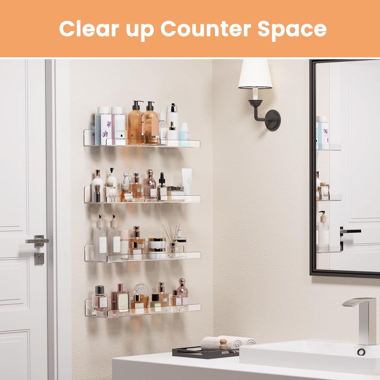 Acrylic Shelves for Bathroom Storage, 15" Floating Shelves Wall Organizer, 4 Pack