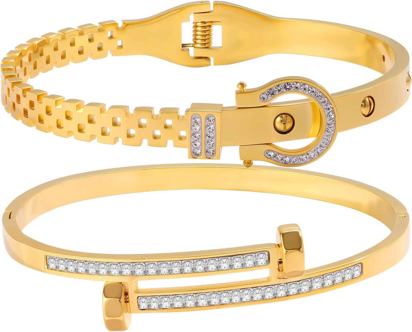 2PCS Gold Bracelets for Women Friendship & Love Theme Crystal Bangle Set Stainless Steel Non Tarnish Jewelry