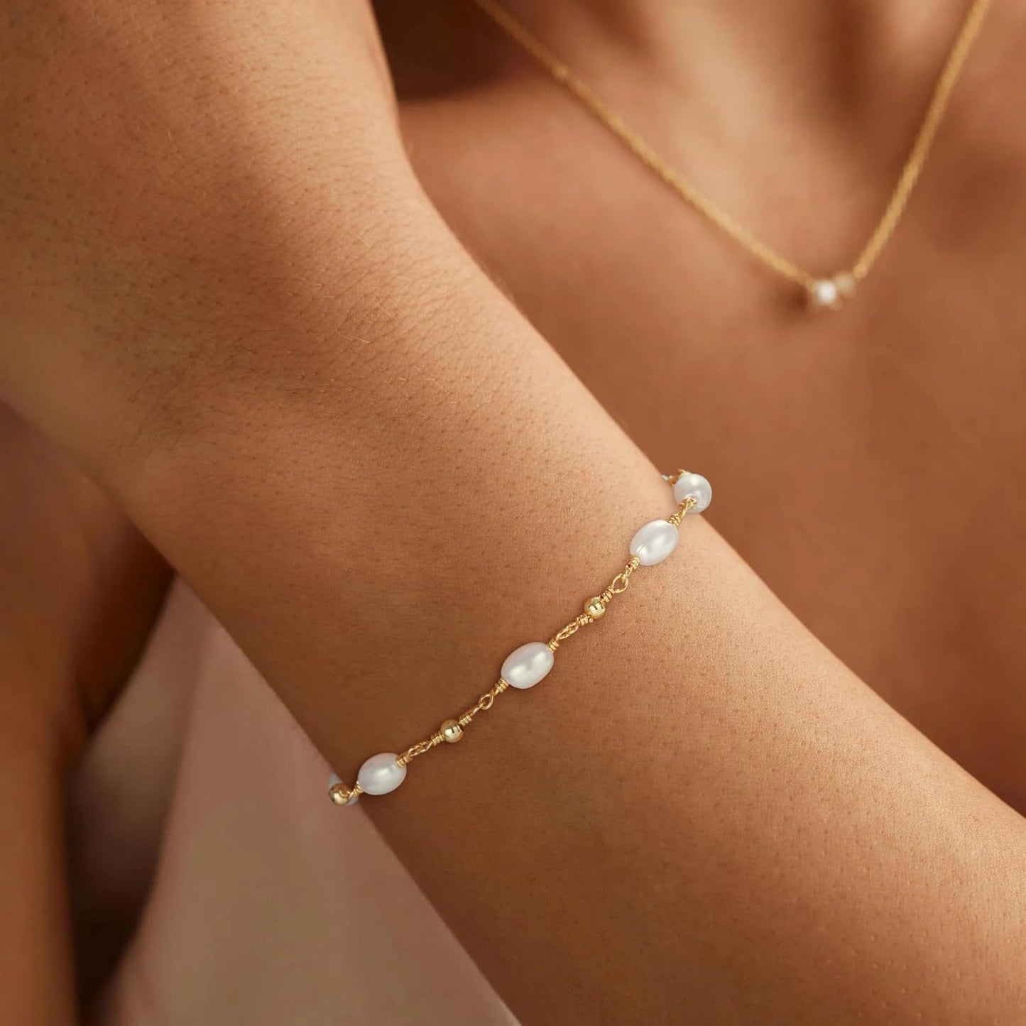 Gold Bracelets for Women Trendy, 14K Real Gold Plated Dainty Stackable Pearl Snake Chain CZ Heart Pendant Bracelets Adjustable 6"+2"