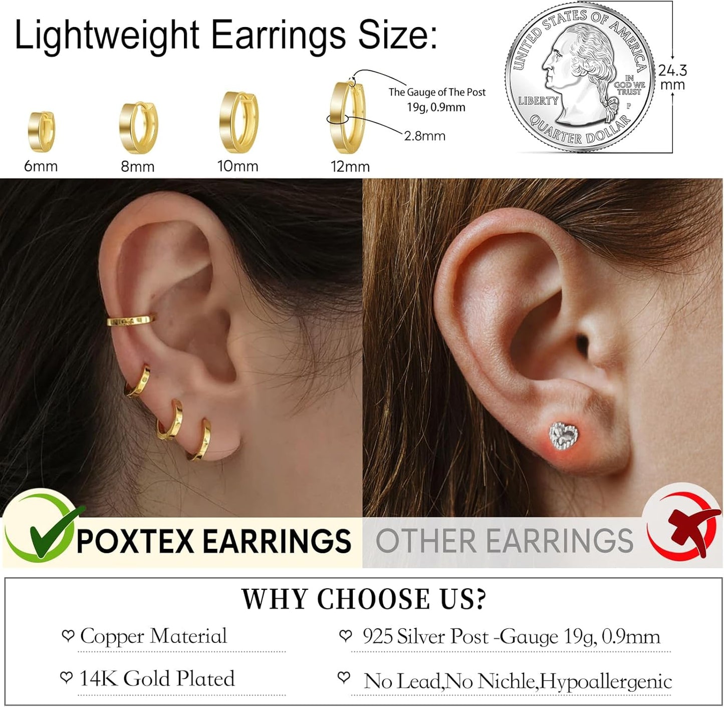 Small Gold Huggie Hoop Earrings Set for Women Men Hypoallergenic 14K Plated Stack Cartilage Earrings, Multiple Piercing
