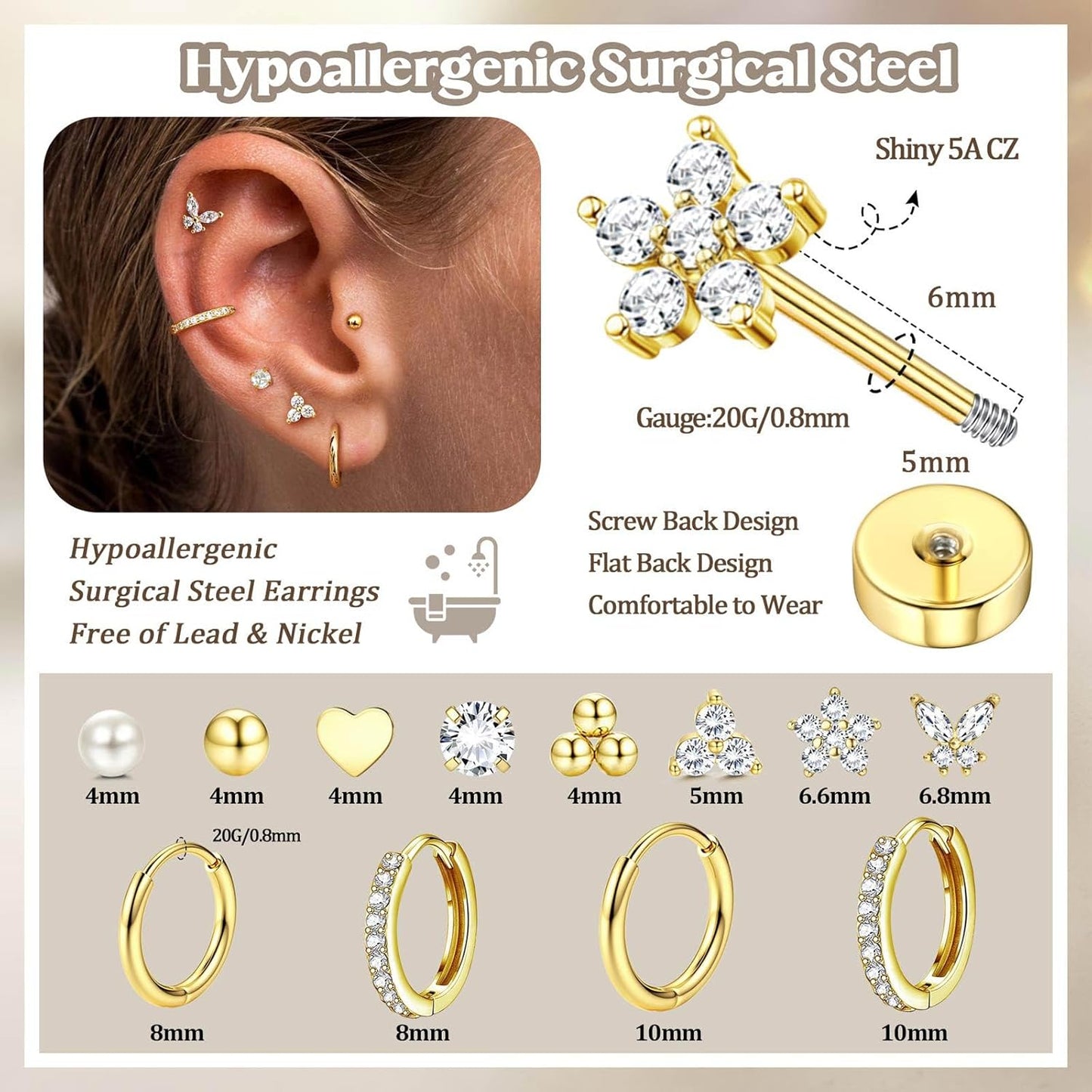 Jstyle Hypoallergenic Gold Stud Hoop Earrings for Women Men Surgical Stainless Steel Flat Back Earrings Small 14K Gold Huggie Hoops