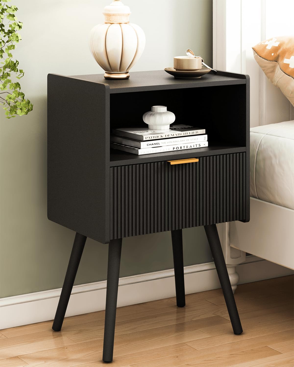 Nightstand, with Storage Drawer and Open Wood Shelf,  Accent Night Stand Easy Assembly