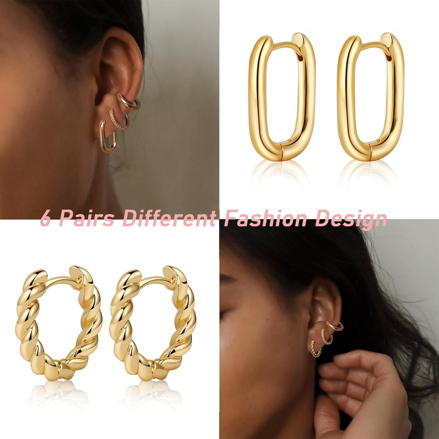 Gold Chunky Hoop Earrings Set for Women, 14K Gold Plated Twisted Huggie Hoop Earring Thick Open Lightweight Chunky Hoop