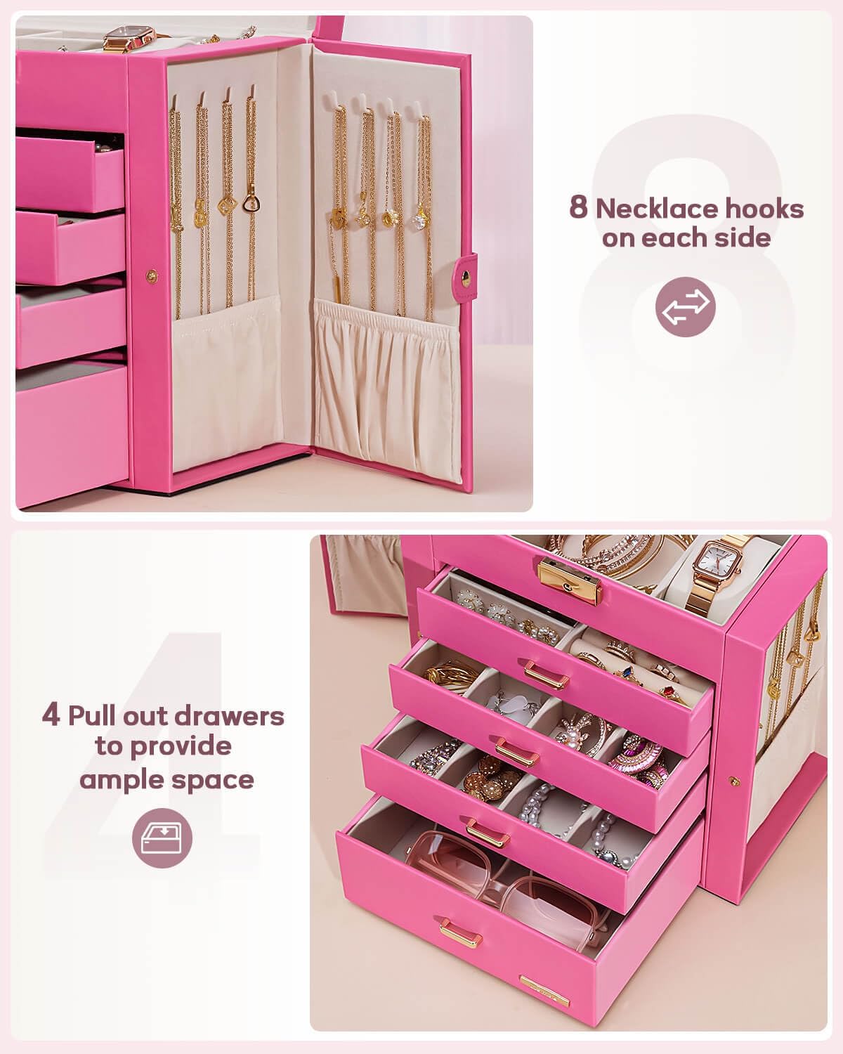 Synthetic Leather Huge Jewelry Box Mirrored Watch Organizer Necklace Ring Earring Storage Lockable