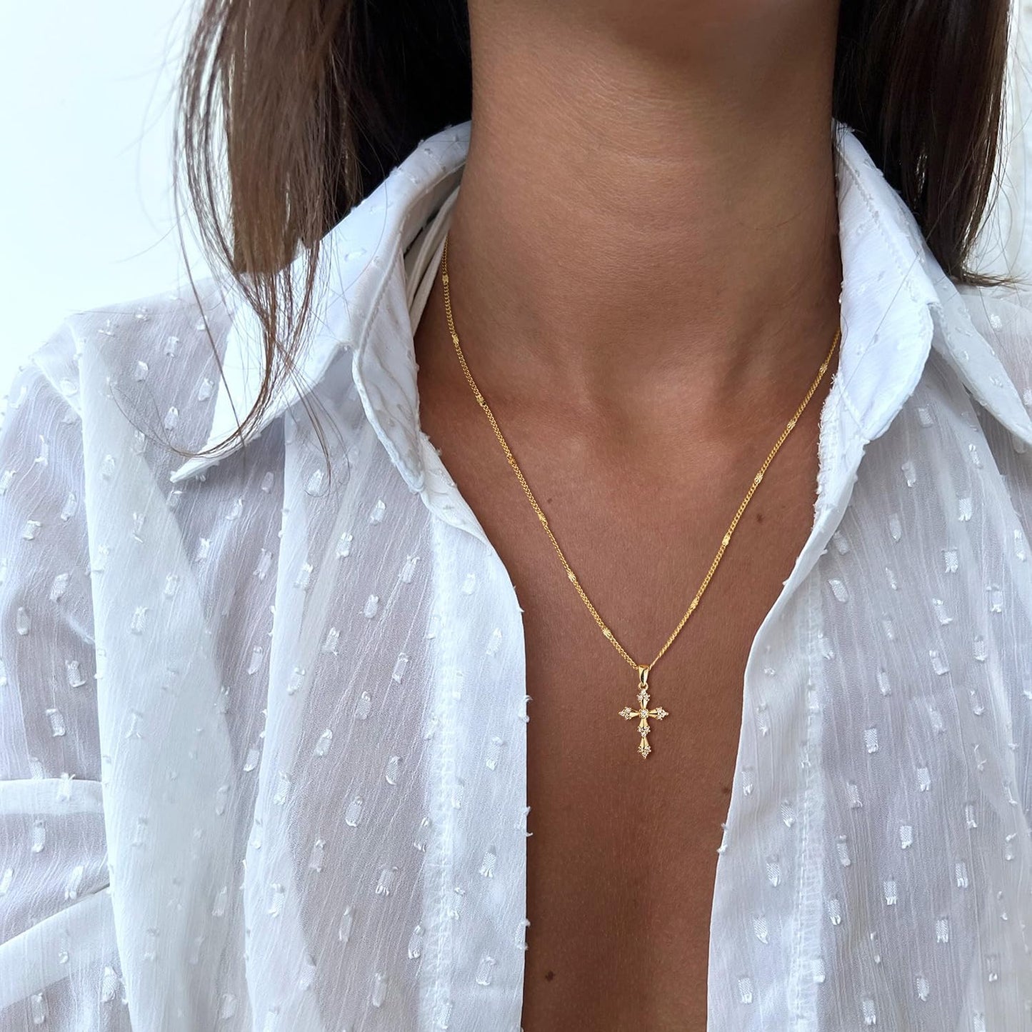 Stackable Cross Pendant Necklace: 14K Gold Plated Simple Silver Charm Choker for Her, Women and Teens