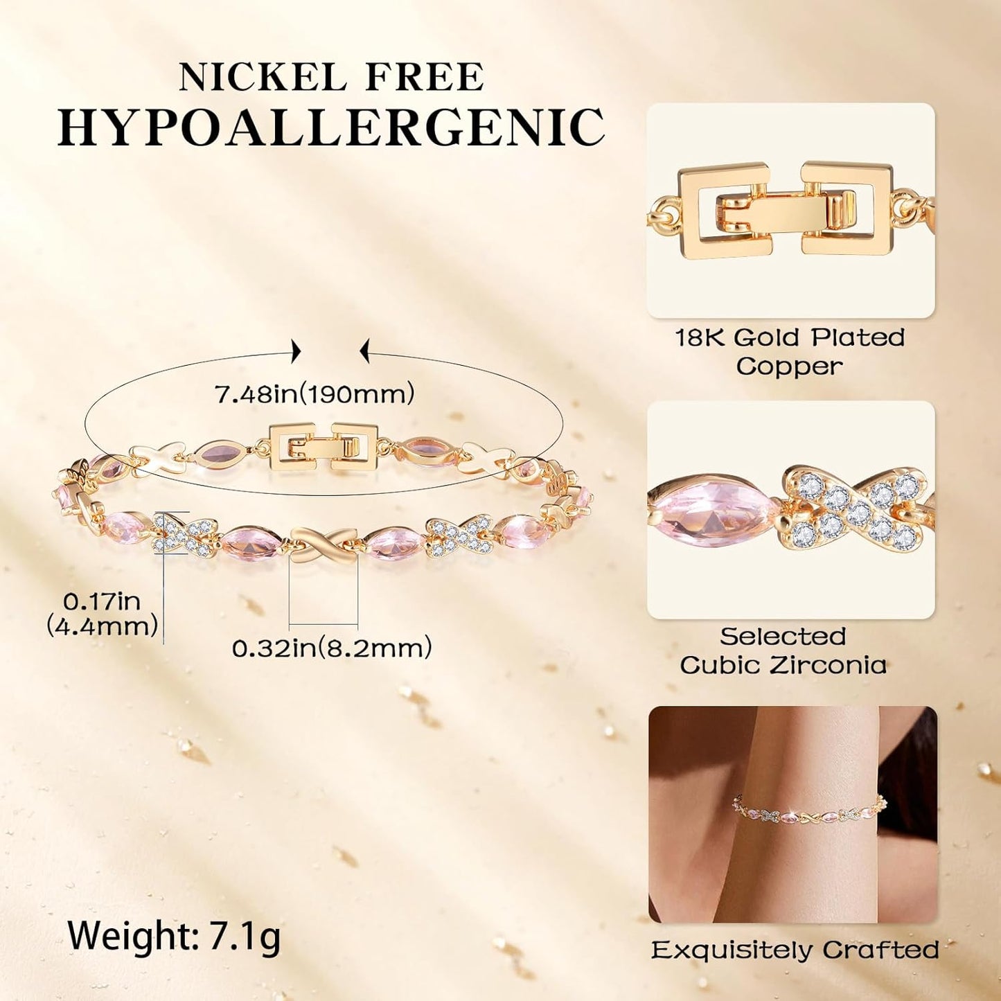 Eternity Bracelet Blue Cubic Zirconia, Sapphire Bracelet, 18K Gold Plated Hypoallergenic Bracelets -7.48inch/190mm