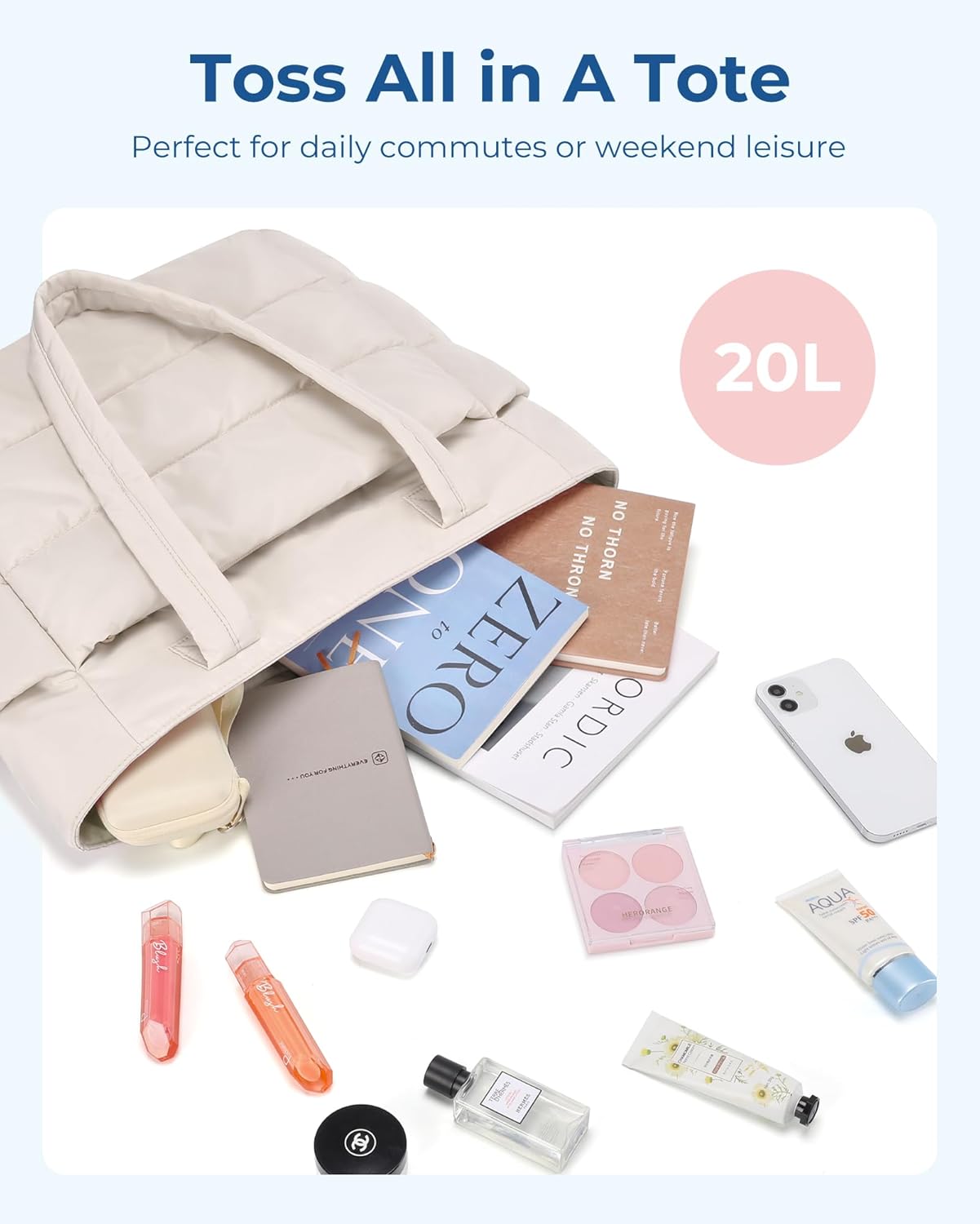Tote Bag for Women, Lightweight Puffy Tote Bag with Compartments Shoulder Bag Handbag for Travel, Work, Gym