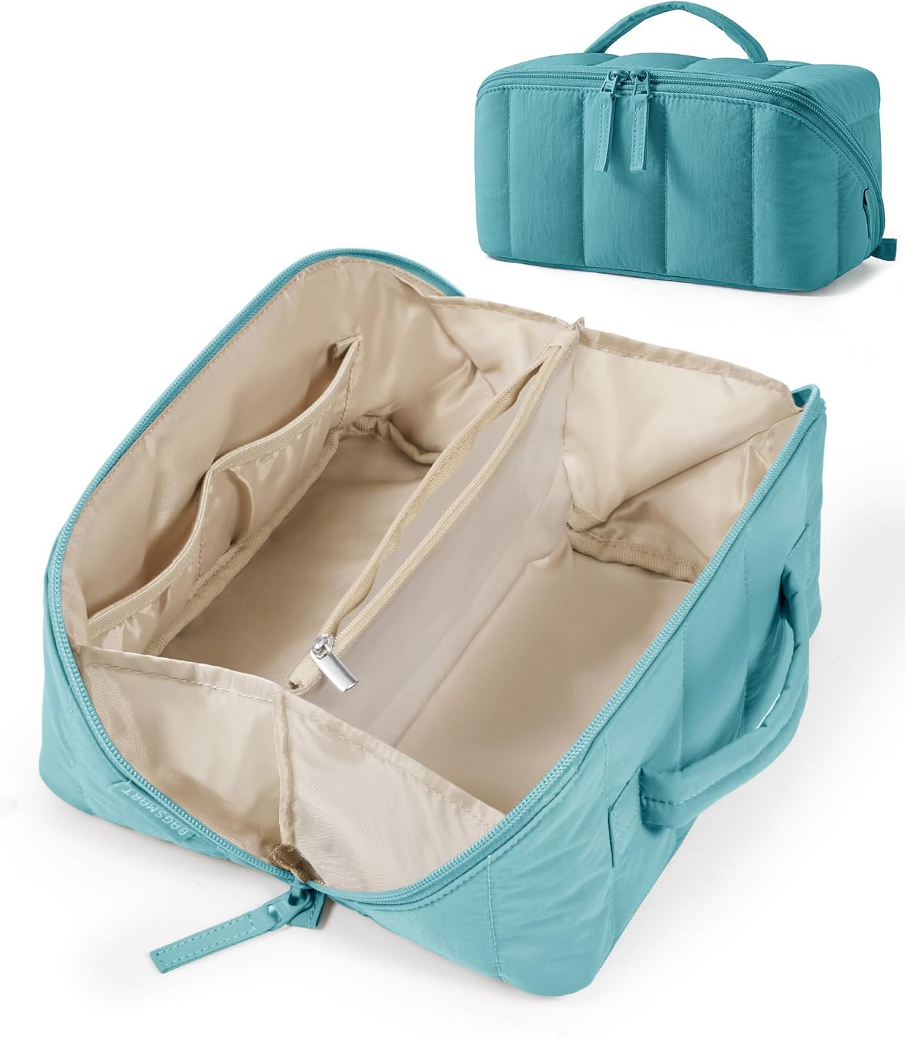 Travel Makeup Bag for Women, Portable Water-resistant Cosmetic Case, Puffy Padded Make Up Organizer Pouch, Open Flat Toiletry Bag for Toiletries, Brushes, Pink