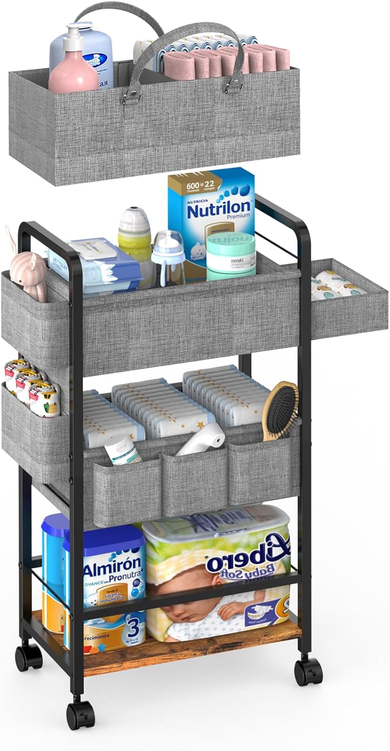 2In1  Diaper Caddy & 4-Tier Rolling Diaper Cart, Diaper Caddy Organizer Cart with Dividers & Drawer