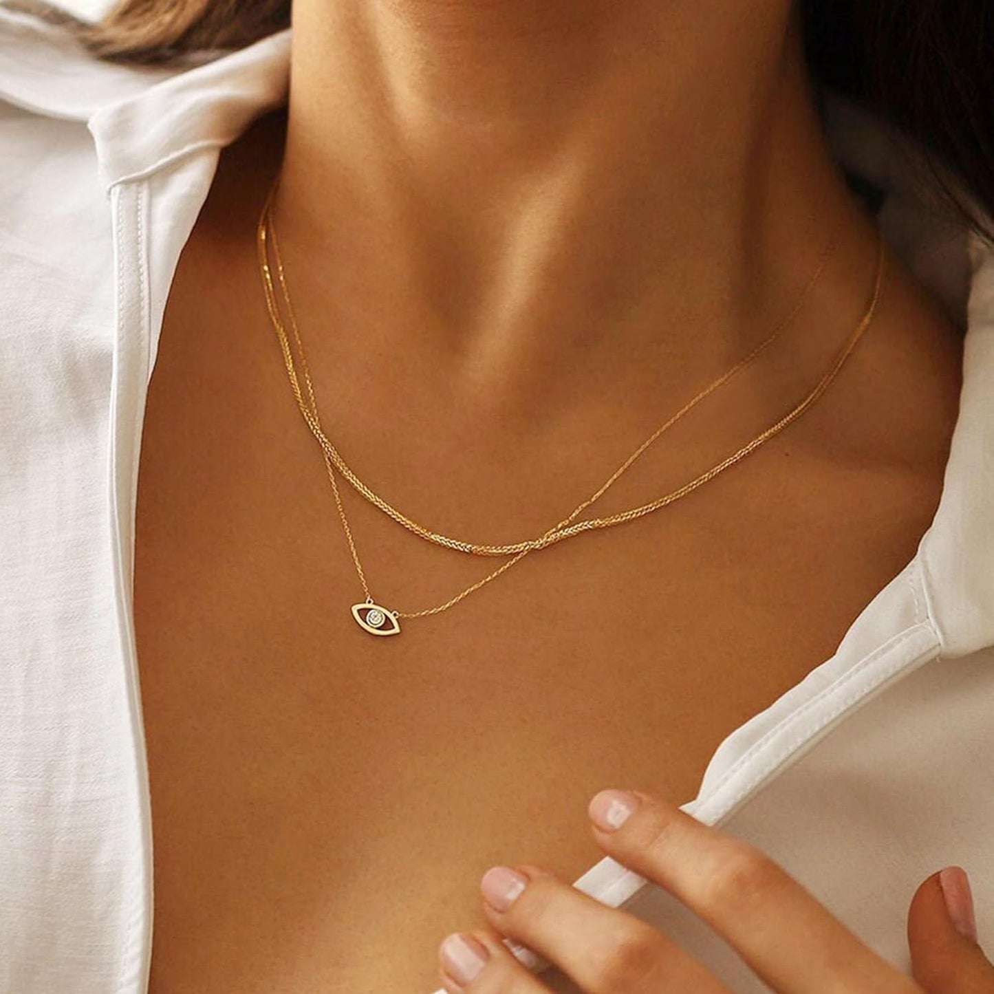Necklace for Women 14K Gold Plated Delicate Necklaces Blue White CZ Diamond Pendant Necklace Cute Boho Tiny  Lucky Protection Jewelry Gift for Women
