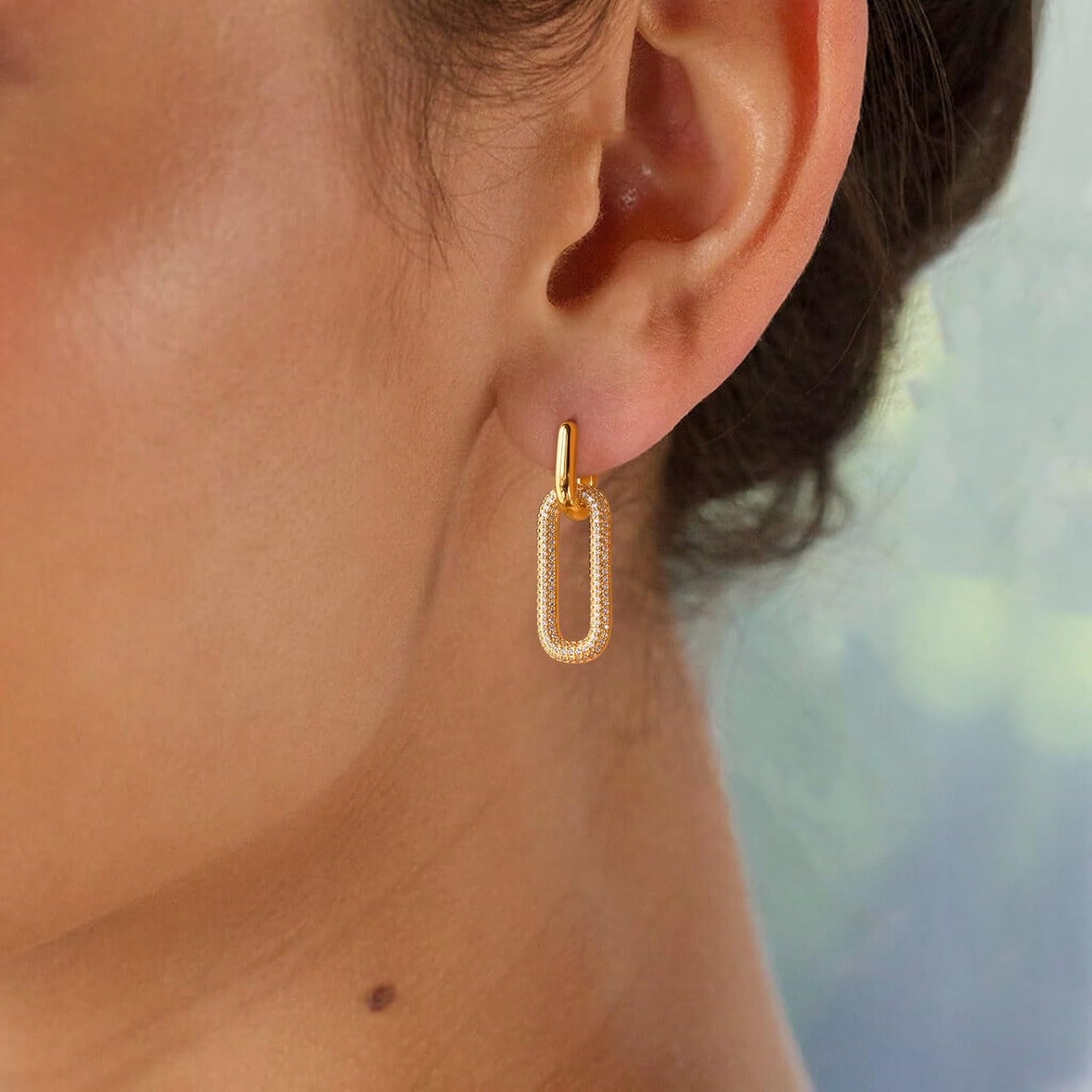 Gold Earrings for Women Trendy, Simple Dainty 14K Gold Plated Paperclip Square Chain Link Dangle Pin Stud Huggie Earrings Lightweight