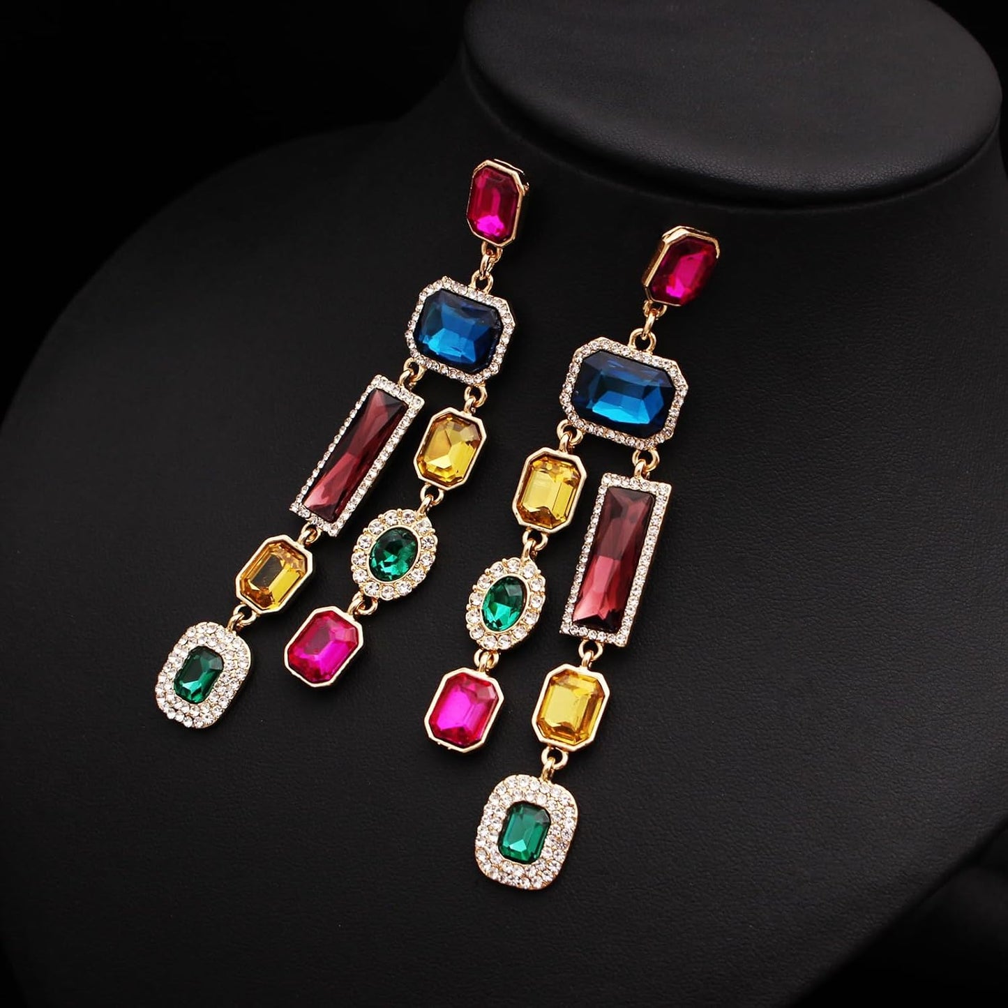 Vintage Rectangle Teardrop Chandelier Earrings, Art Deco Wedding Austrian Crystal Drop Dangle Earrings for Women Party Prom