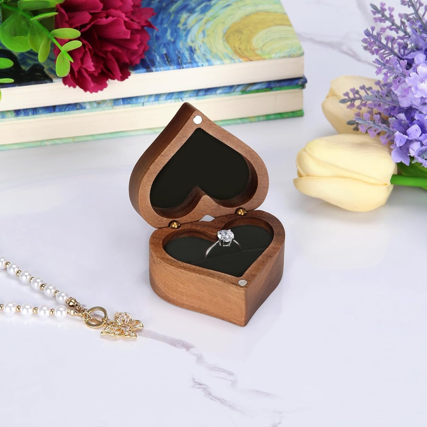 Wooden Heart Shape Ring Gift Box with Single Slot 2 Slot, for Proposal Engagement Wedding Ceremony Anniversary