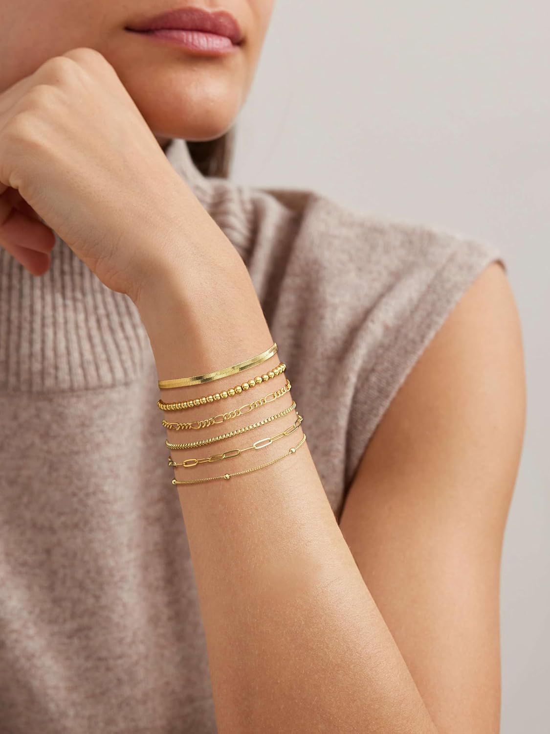 Gold Bracelets for Women Waterproof, 14K Real Gold Jewelry Sets Trendy Thin Dainty Stackable Cuban Link